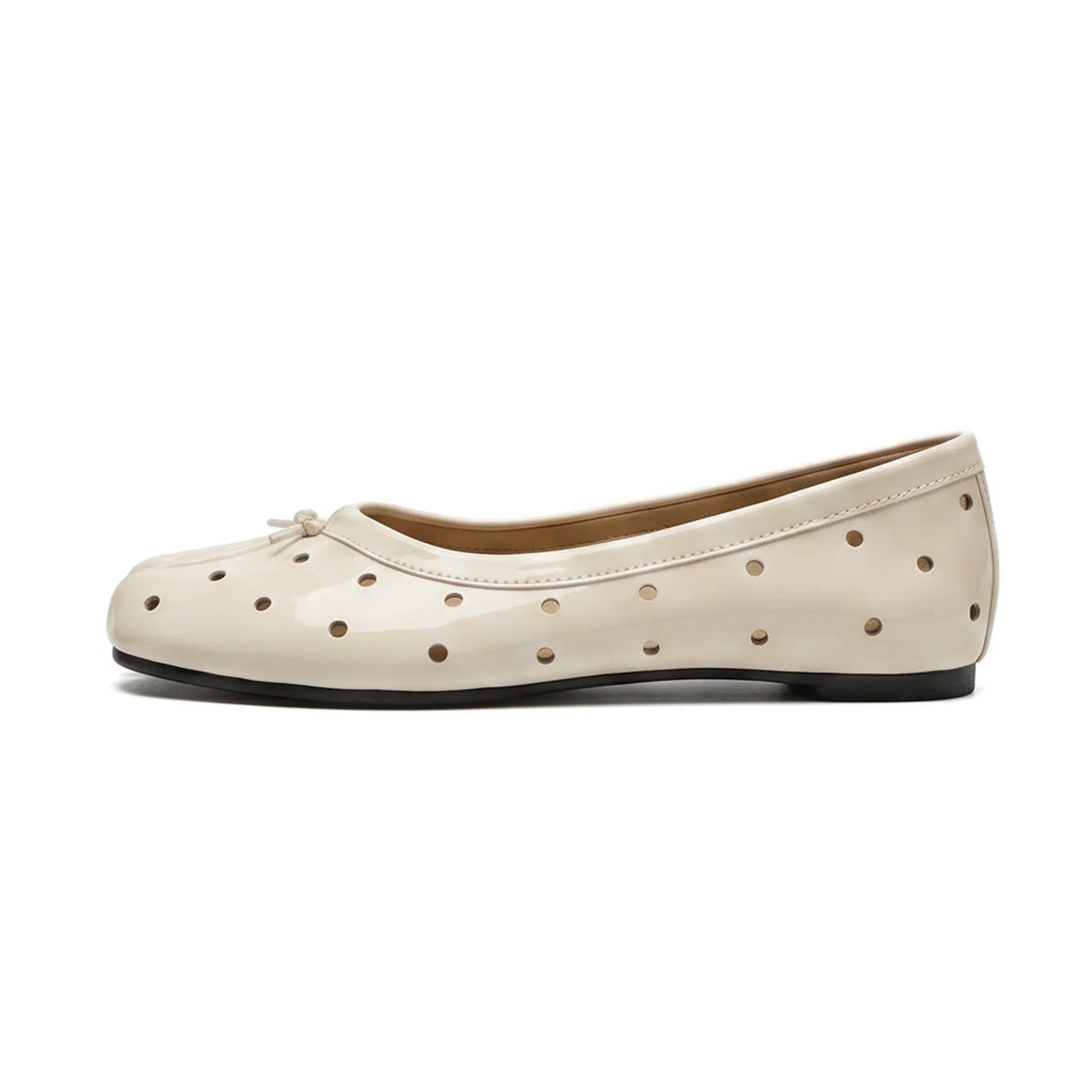 ZQW Cutout Polka Dot Tabi Flats in white, side view – low profile flat with flexible rubber outsole, breathable cutouts, wide-foot friendly fit