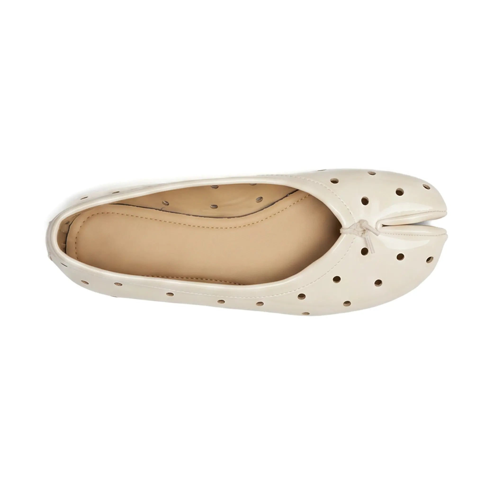 ZQW Cutout Polka Dot Tabi Flats in white, top view – perforated dot pattern, tabi split-toe silhouette, cushioned insole, easy slip-on style