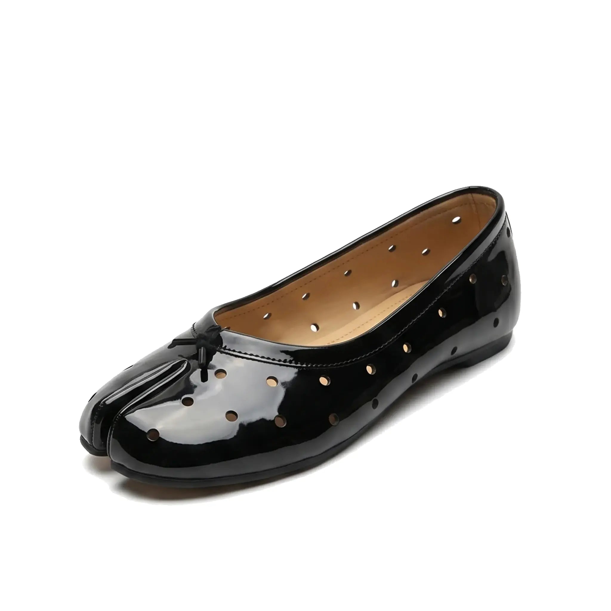 ZQW Dot-Air Tabi Ballet Flats in black, 45-degree angle view – perforated polka dot cutout pattern, split-toe design, breathable upper, slip-on flat, cushioned insole