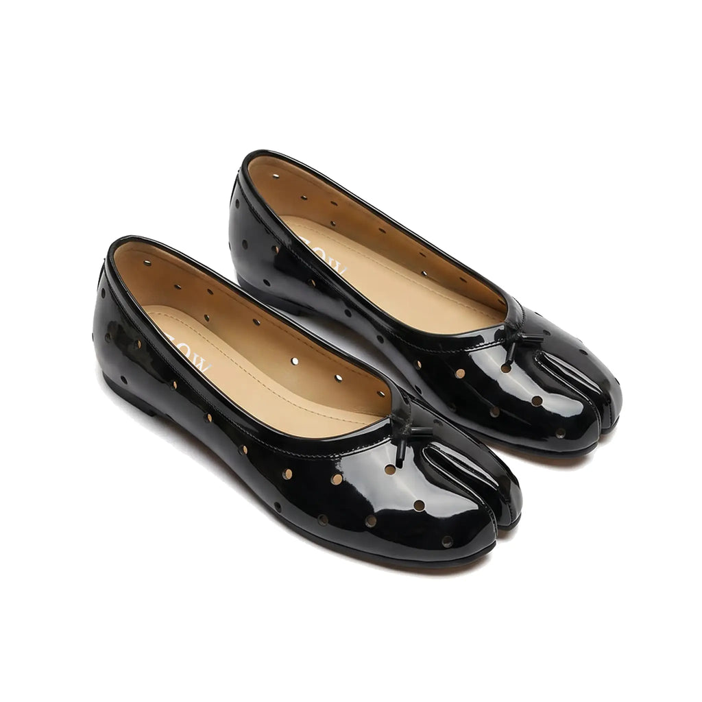 ZQW Dot-Air Tabi Ballet Flats in black, pair 45-degree view – matching black cutout polka dot tabi flats, breathable and lightweight, perfect for warm-weather wear