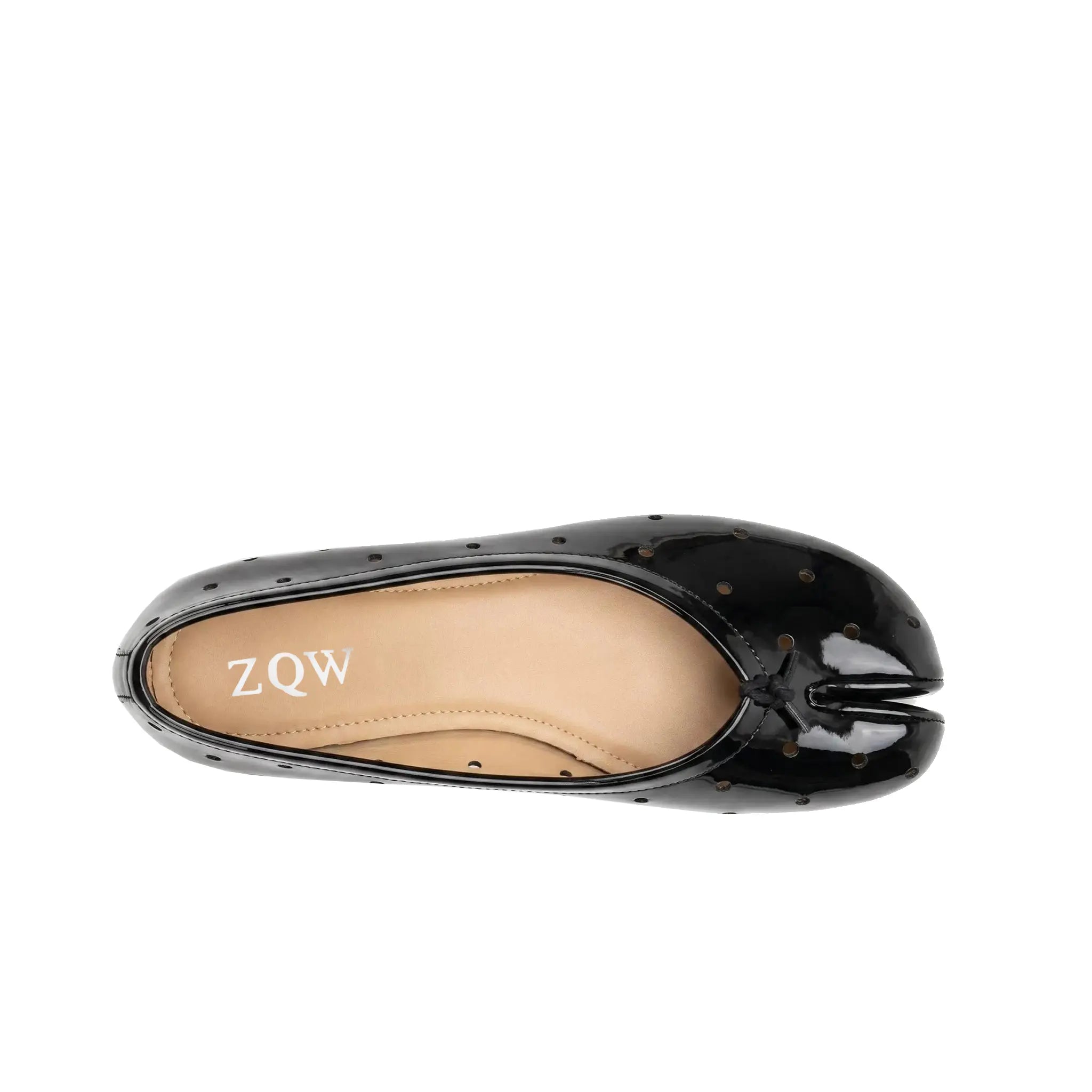 ZQW Dot-Air Tabi Ballet Flats in black, top view – airy cutout dot pattern across black upper, round split-toe silhouette, breathable design, wide-foot friendly
