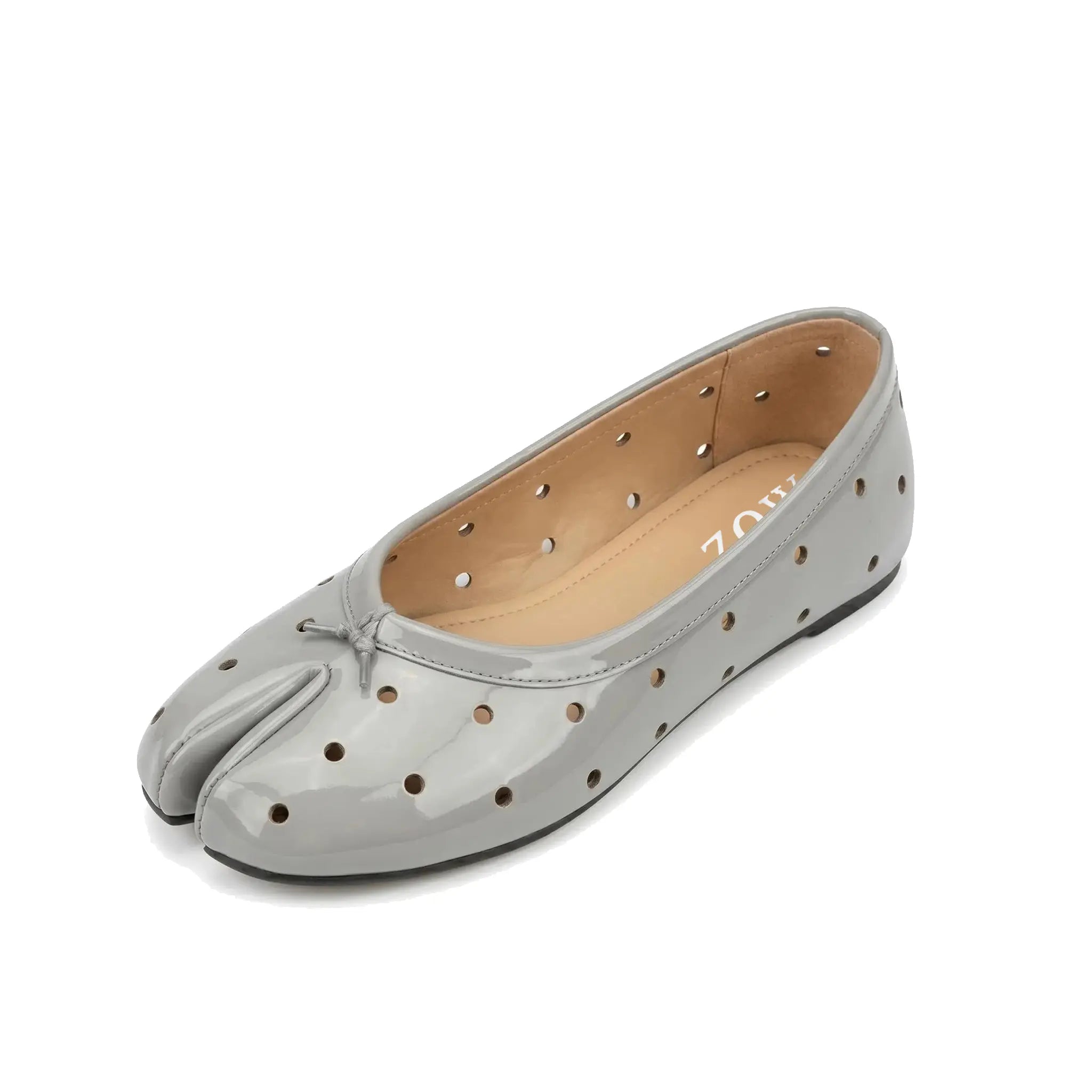 ZQW Dot-Air Tabi Ballet Flats in gray, 45-degree angle view – perforated polka dot cutout pattern on soft gray upper, split-toe design, breathable slip-on flat, cushioned insole