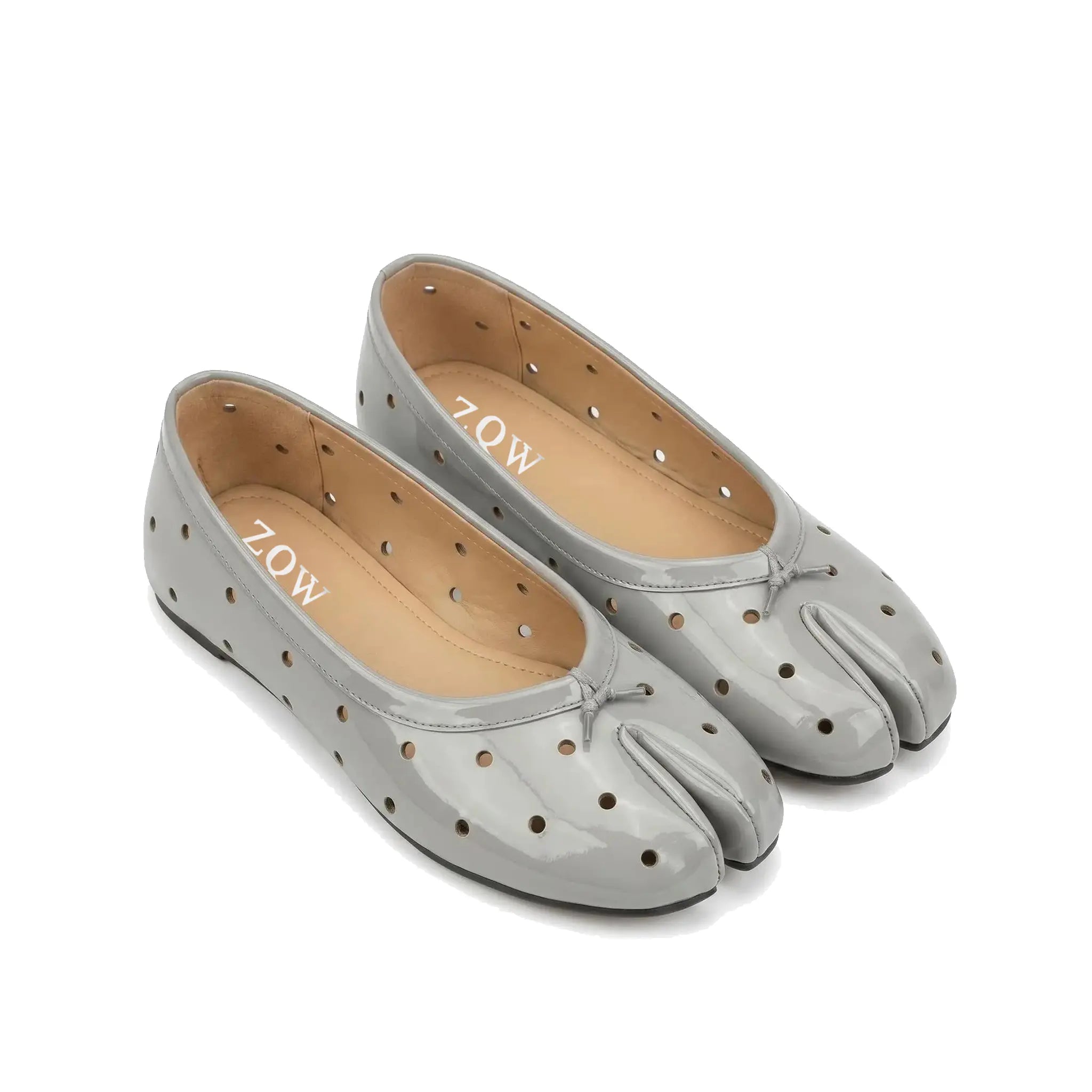 ZQW Dot-Air Tabi Ballet Flats in gray, pair 45-degree view – matching gray cutout polka dot tabi flats, breathable and lightweight, perfect for warm-weather wear