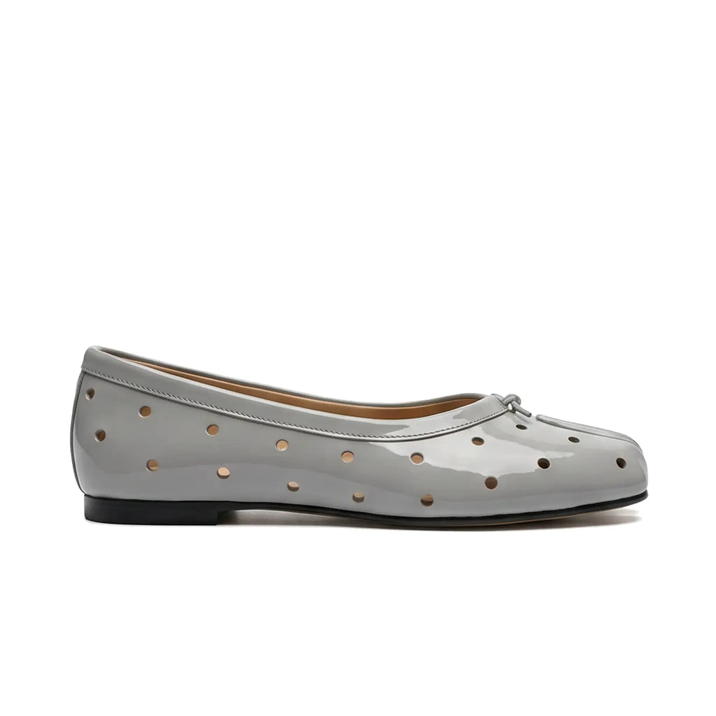 ZQW Dot-Air Tabi Ballet Flats in gray, side view – low 0.7cm heel, anti-slip rubber outsole, perforated dot upper, easy slip-on style