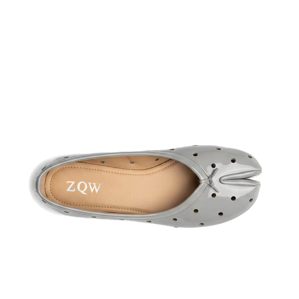 ZQW Dot-Air Tabi Ballet Flats in gray, top view – airy cutout dot pattern across gray upper, round split-toe silhouette, breathable design, wide-foot friendly