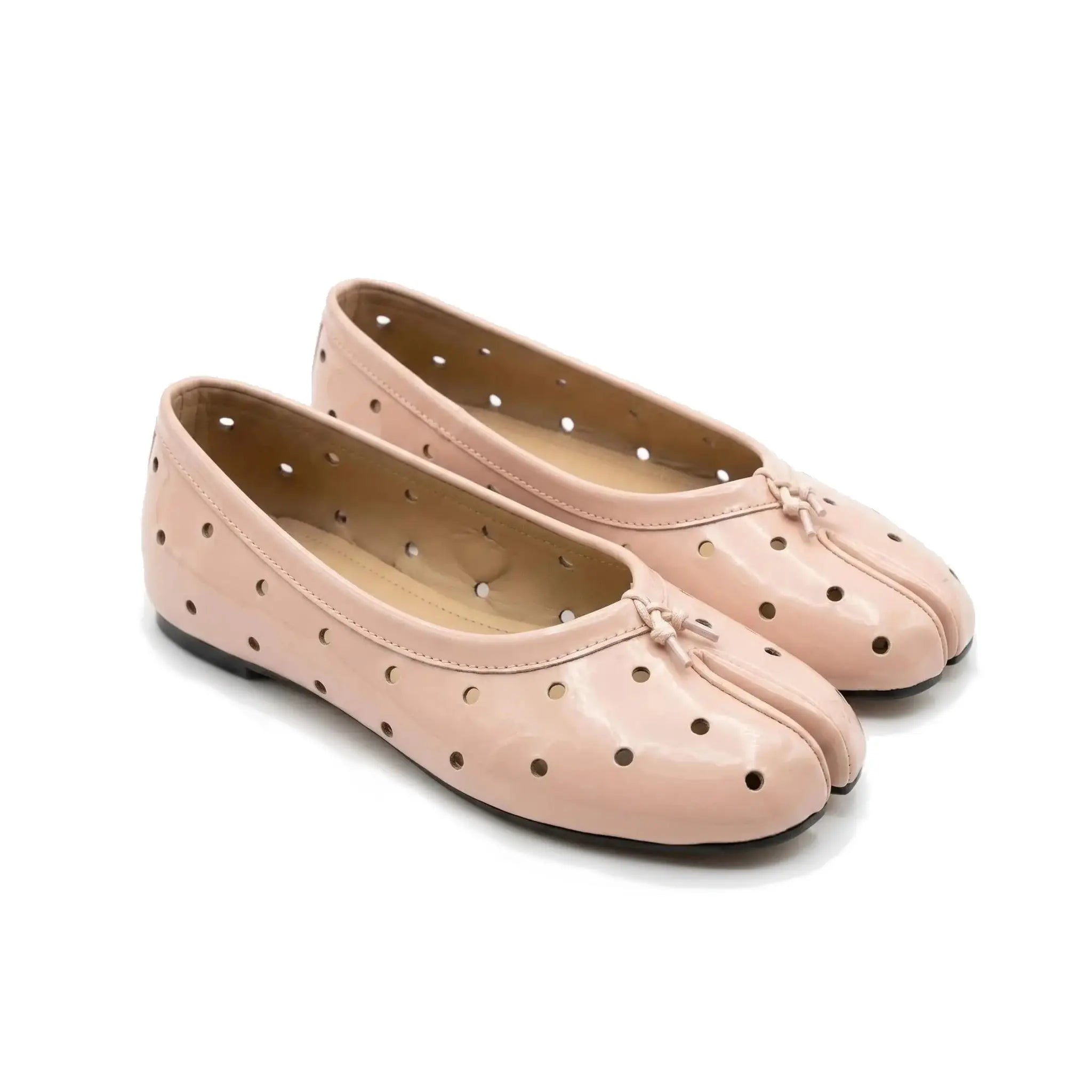 ZQW Dot-Air Tabi Ballet Flats in pink, pair 45-degree view – matching pink cutout polka dot tabi flats, breathable and lightweight, perfect for warm-weather wear