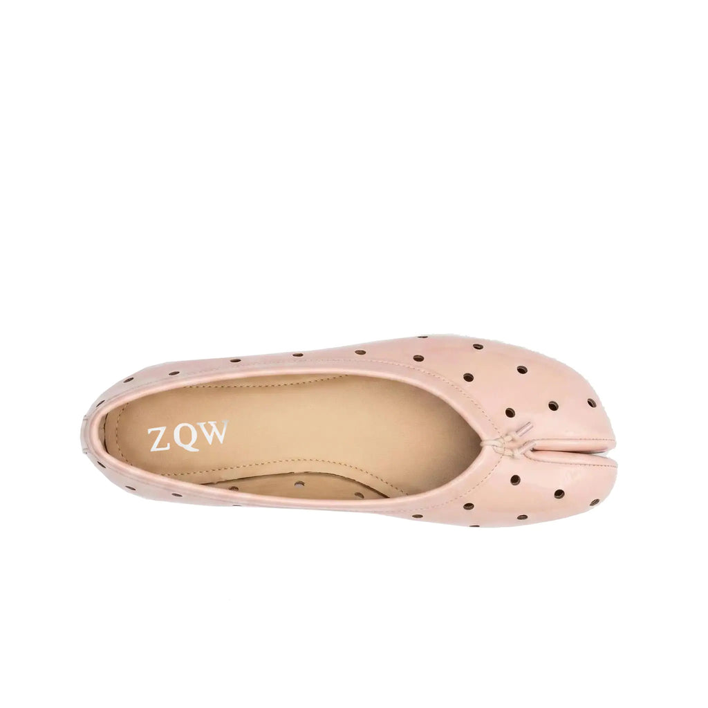 ZQW Dot-Air Tabi Ballet Flats in pink, top view – airy cutout dot pattern across pink upper, round split-toe silhouette, breathable design, wide-foot friendly