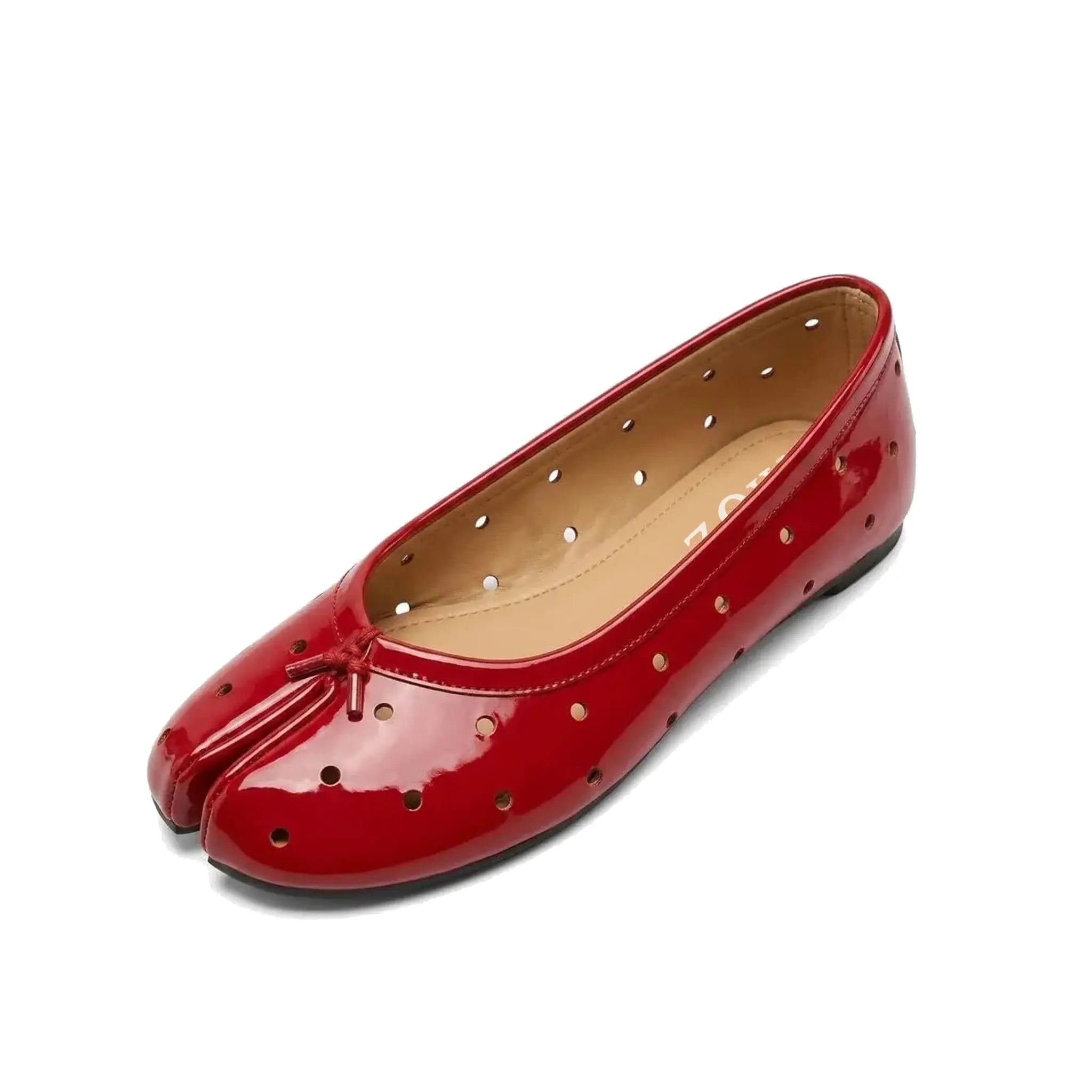 ZQW Dot-Air Tabi Ballet Flats in red, 45-degree angle view – perforated polka dot cutout pattern on bold red upper, split-toe design, breathable slip-on flat, cushioned insole