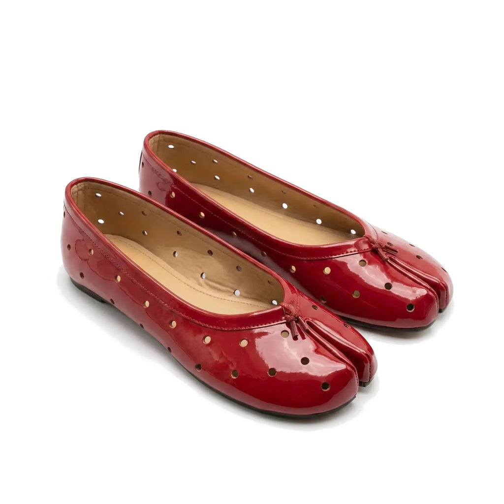 ZQW Dot-Air Tabi Ballet Flats in red, pair 45-degree view – matching red cutout polka dot tabi flats, breathable and lightweight, perfect for warm-weather wear