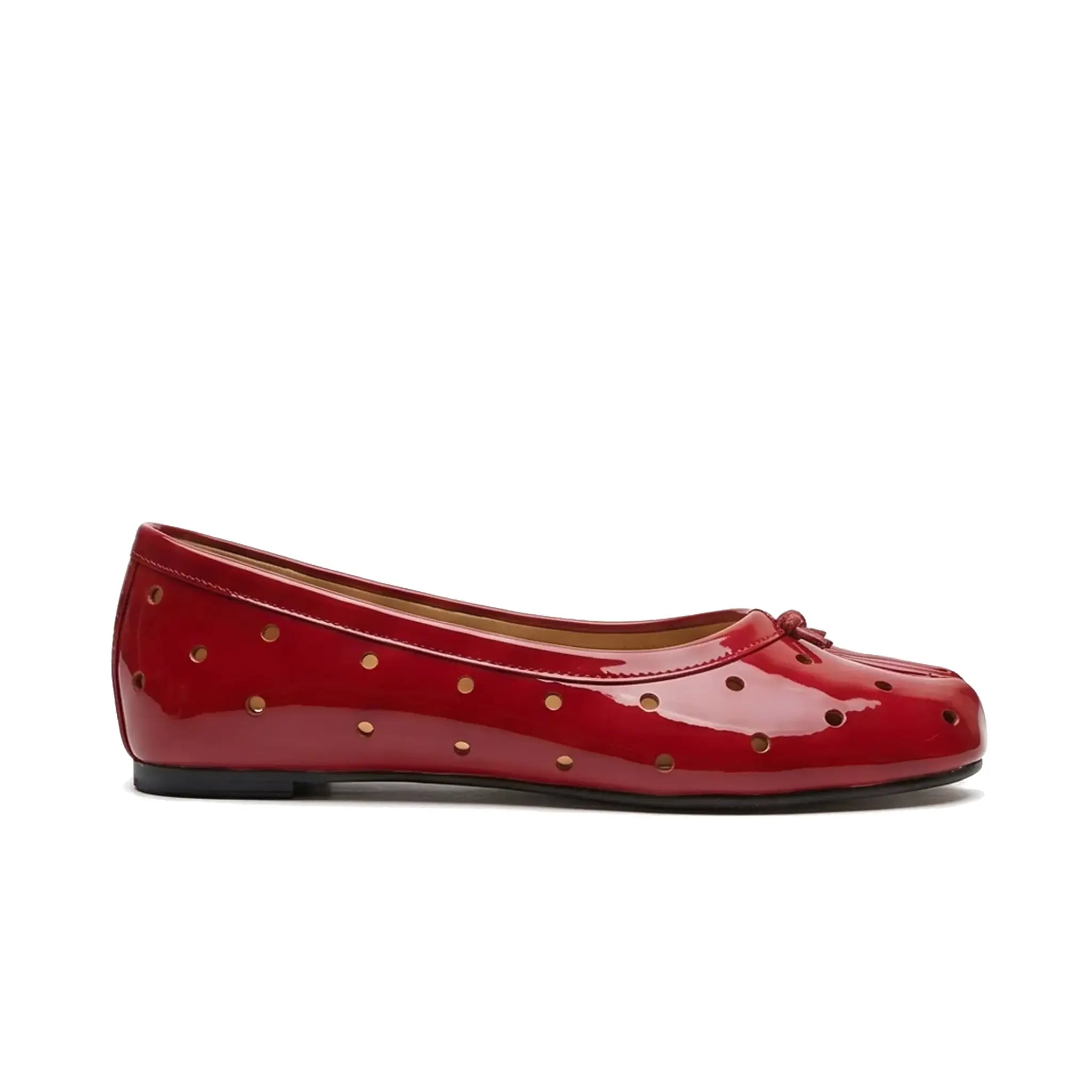 ZQW Dot-Air Tabi Ballet Flats in red, side view – low 0.7cm heel, anti-slip rubber outsole, perforated dot upper, easy slip-on style