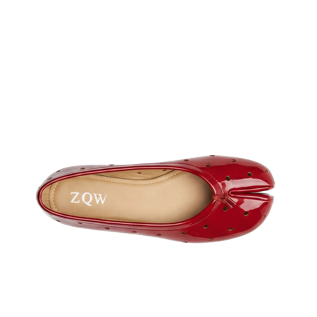 ZQW Dot-Air Tabi Ballet Flats in red, top view – airy cutout dot pattern across red upper, round split-toe silhouette, breathable design, wide-foot friendly