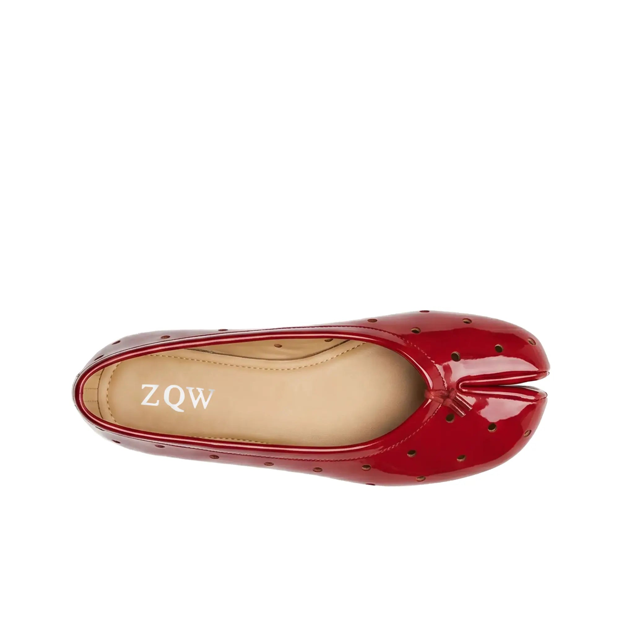 ZQW Dot-Air Tabi Ballet Flats in red, top view – airy cutout dot pattern across red upper, round split-toe silhouette, breathable design, wide-foot friendly