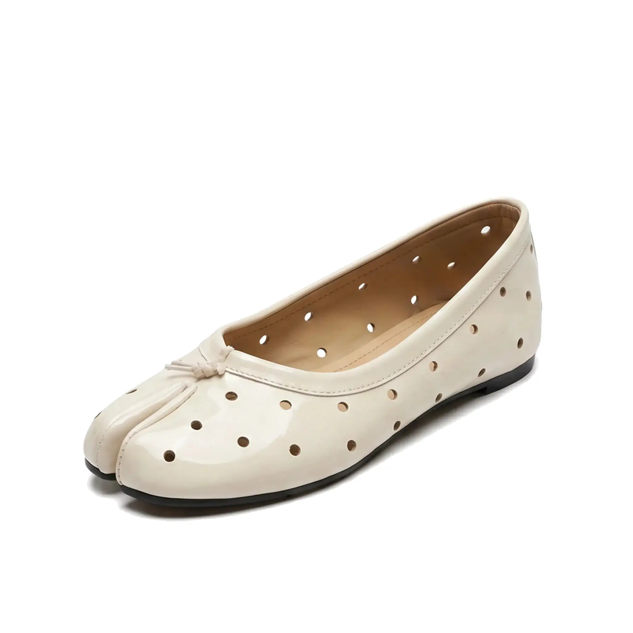 ZQW Dot-Air Tabi Ballet Flats in white, 45-degree angle view – perforated polka dot cutout pattern, split-toe design, breathable upper, slip-on flat, cushioned insole