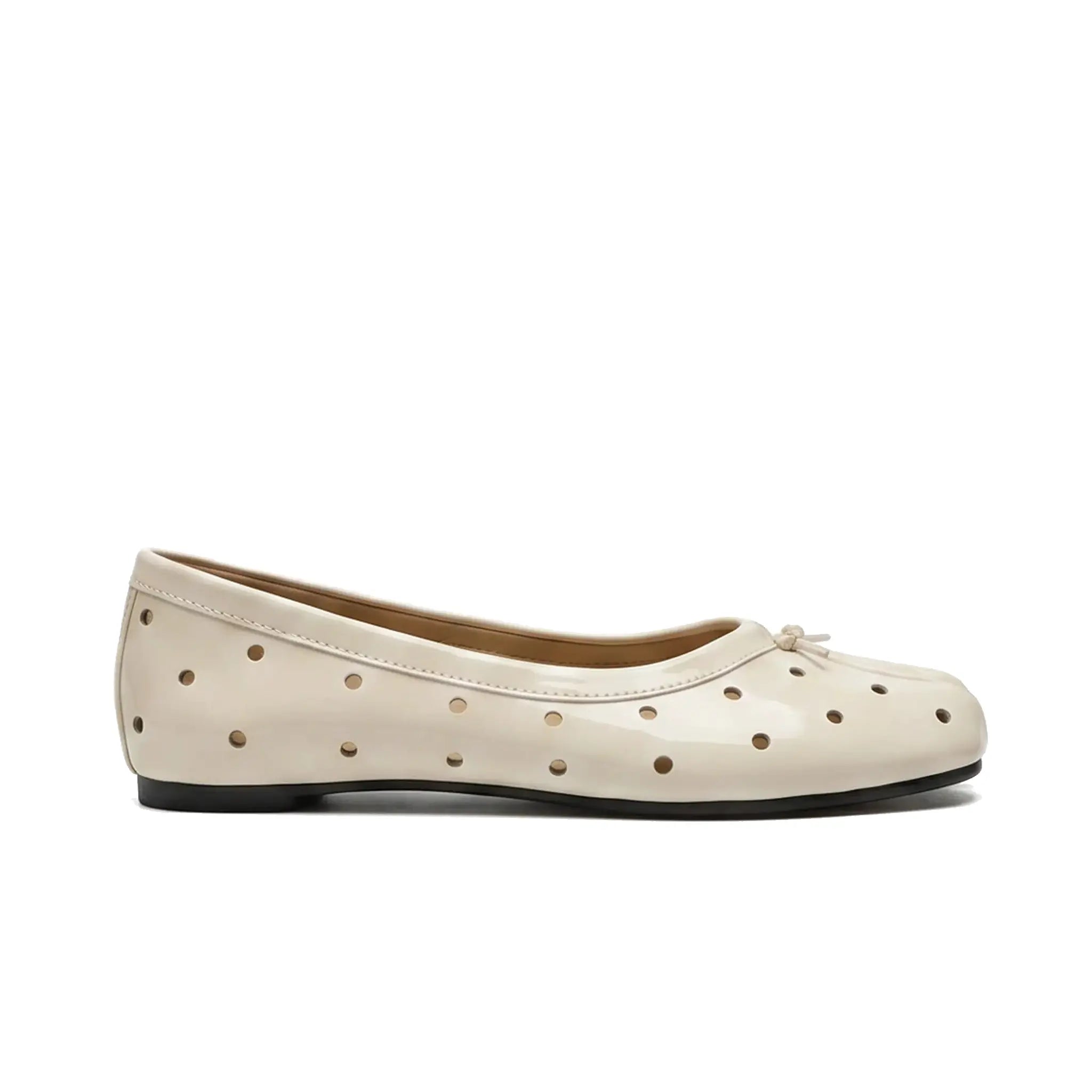 ZQW Dot-Air Tabi Ballet Flats in white, side view – low 0.7cm heel, anti-slip rubber outsole, perforated dot upper, easy slip-on style