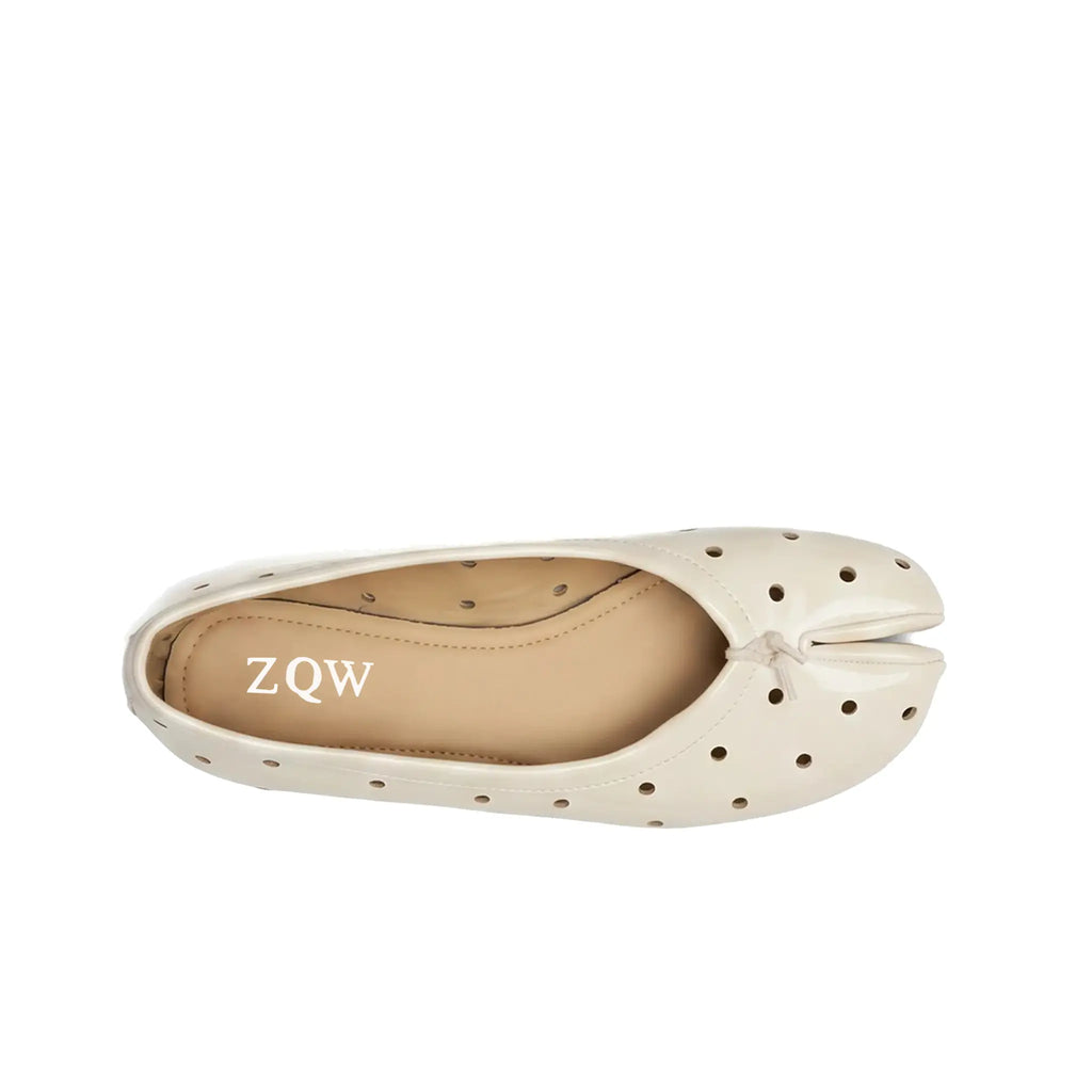 ZQW Dot-Air Tabi Ballet Flats in white, top view – airy cutout dot pattern across upper, round split-toe silhouette, breathable design, wide-foot friendly