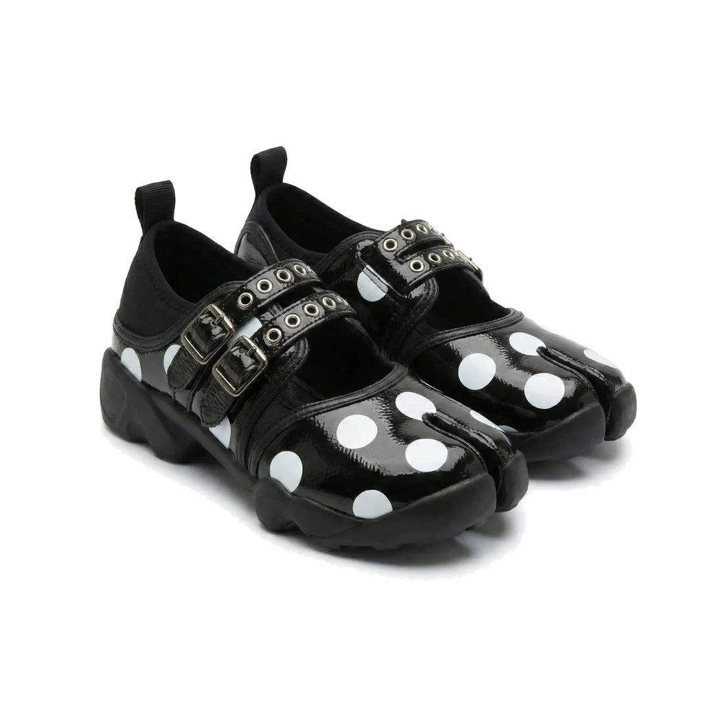 ZQW Dotty Split 1.0 Tabi Mary Jane Sneakers, pair 45-degree view – matching black bold polka dot pattern, classic Mary Jane tabi silhouette, perfect for casual or playful looks