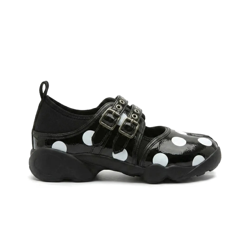 ZQW Dotty Split 1.0 black polka dot sneakers, side view – chunky dots on black base, Mary Jane style strap, cushioned sneaker sole, split-toe design
