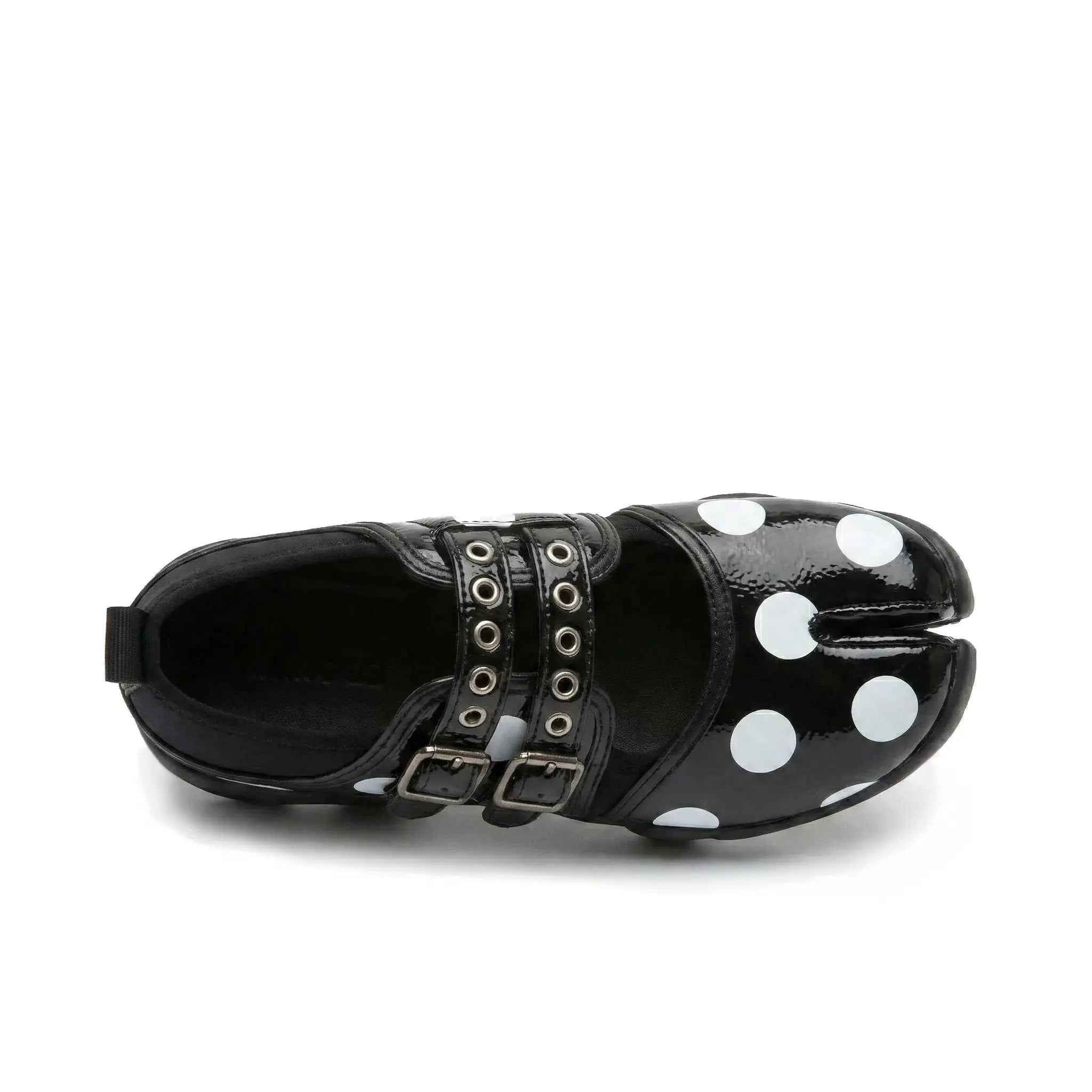 ZQW Dotty Split 1.0 Tabi Mary Jane Sneakers black big dot, top view – bold polka dot pattern on black upper, round split-toe silhouette, Mary Jane strap detail, wide-foot friendly
