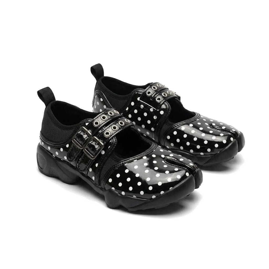 ZQW Dotty Split 1.0 Tabi Mary Jane Sneakers, pair 45-degree view – matching black with fine polka dots, classic Mary Jane tabi silhouette, perfect for subtle playful style