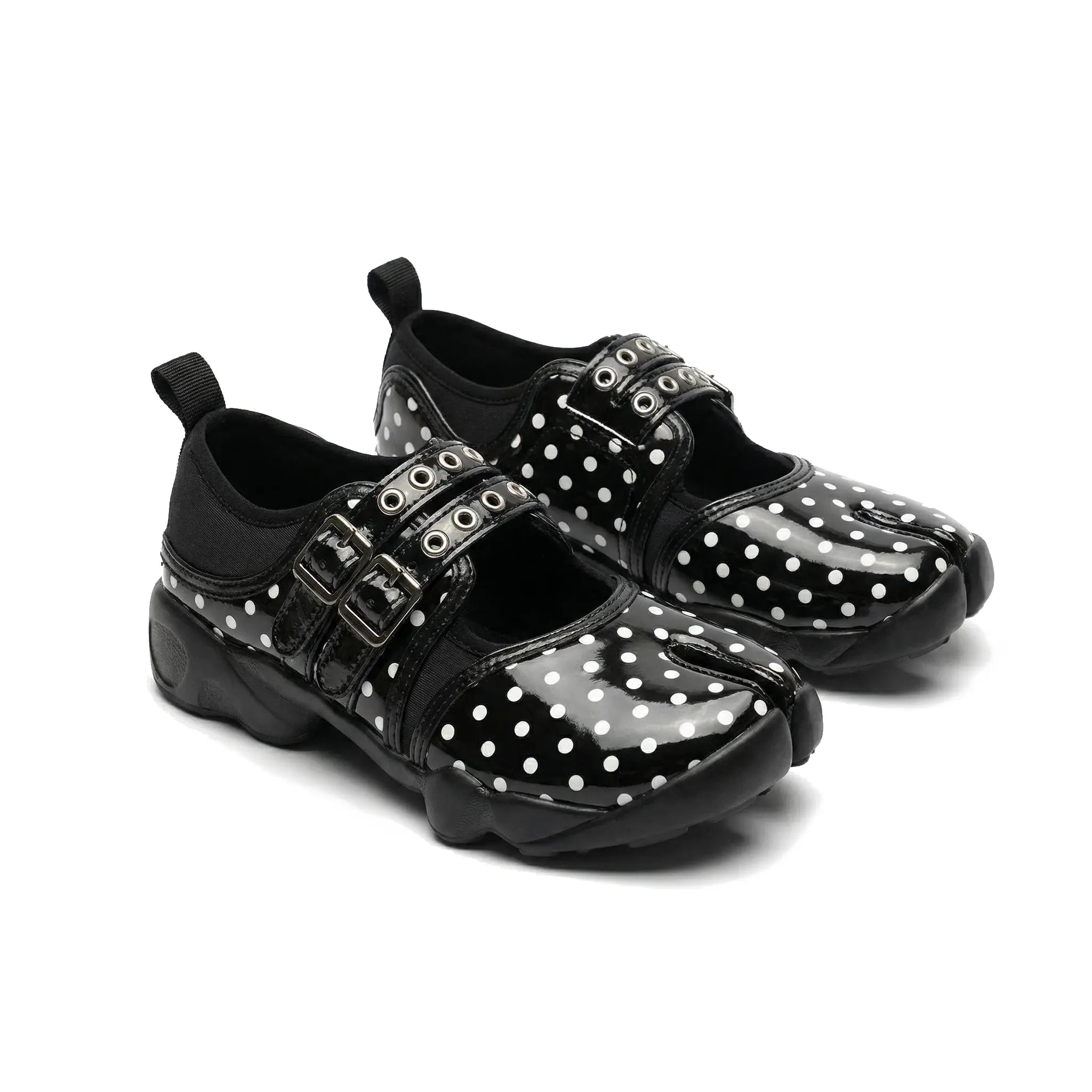 ZQW Dotty Split 1.0 Tabi Mary Jane Sneakers, pair 45-degree view – matching black with fine polka dots, classic Mary Jane tabi silhouette, perfect for subtle playful style