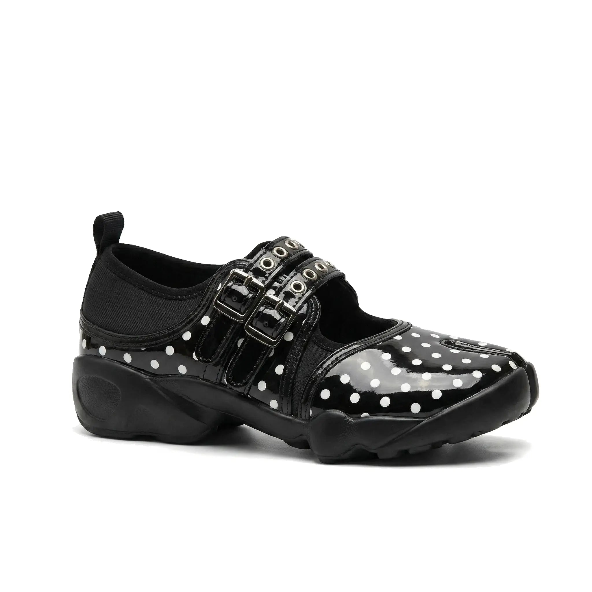 ZQW Dotty Split 1.0 black fine polka dot sneakers, side view – small dotted pattern, Mary Jane style strap, cushioned sole, split-toe design