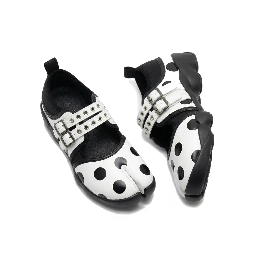 ZQW Dotty Split 1.0 Tabi Mary Jane Sneakers, pair 45-degree view – matching white bold polka dot pattern, classic Mary Jane tabi silhouette, perfect for casual or playful looks