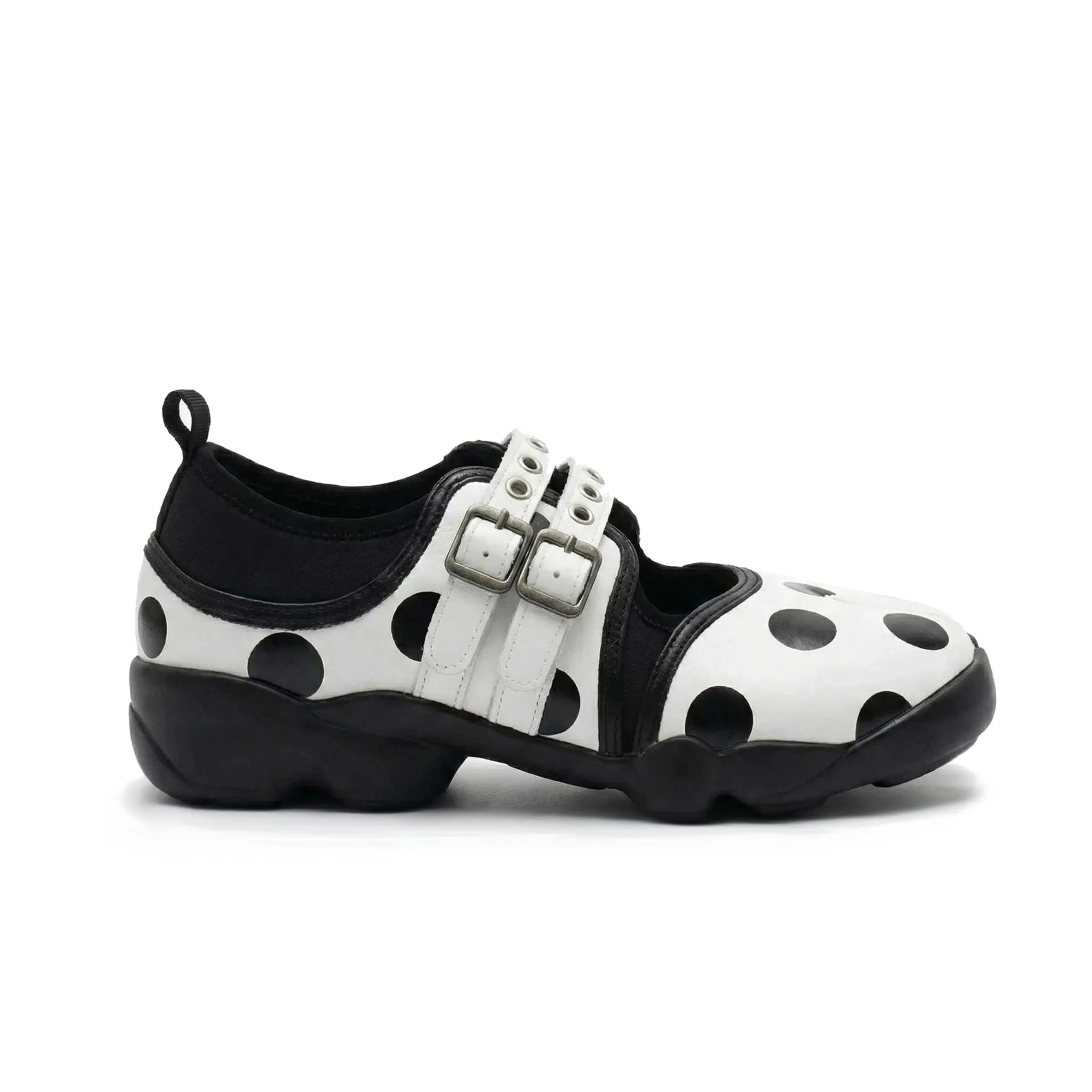 ZQW Dotty Split 1.0 white polka dot sneakers, side view – chunky dots on white base, Mary Jane style strap, cushioned sneaker sole, split-toe design