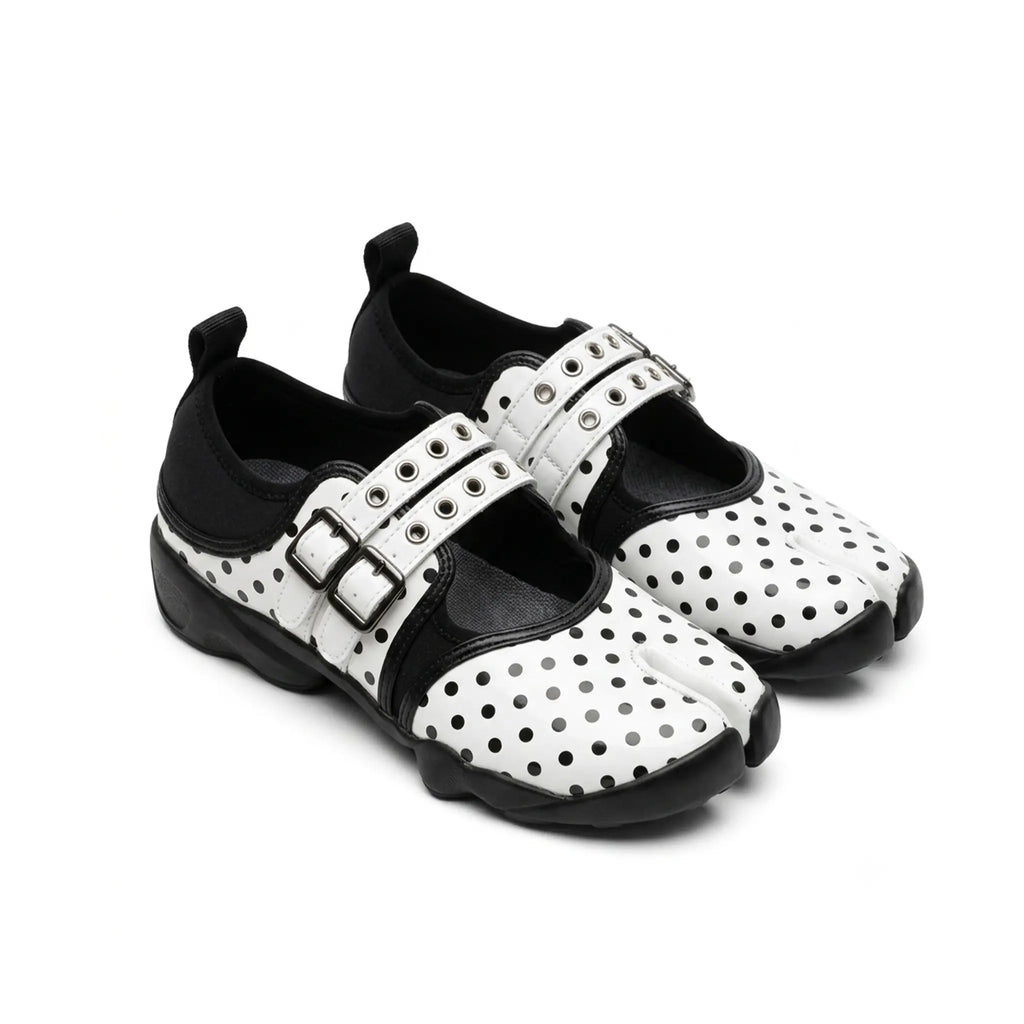 ZQW Dotty Split 1.0 Tabi Mary Jane Sneakers, pair 45-degree view – matching white with delicate polka dots, classic Mary Jane tabi silhouette, versatile for subtle playful style