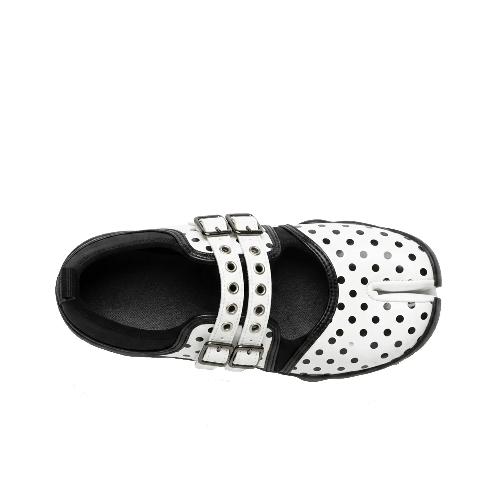ZQW Dotty Split 1.0 Tabi Mary Jane Sneakers white small dot, top view – delicate polka dot pattern across white upper, round split-toe silhouette, Mary Jane strap detail, wide-foot friendly