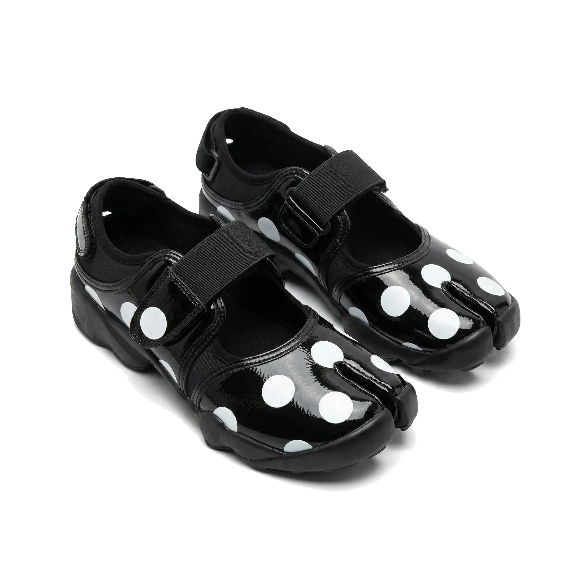 ZQW Dotty Split 2.0 Tabi Mary Jane Sneakers, pair 45-degree view – matching black bold polka dot pattern, hook & loop closure, classic Mary Jane tabi silhouette, perfect for casual playful looks
