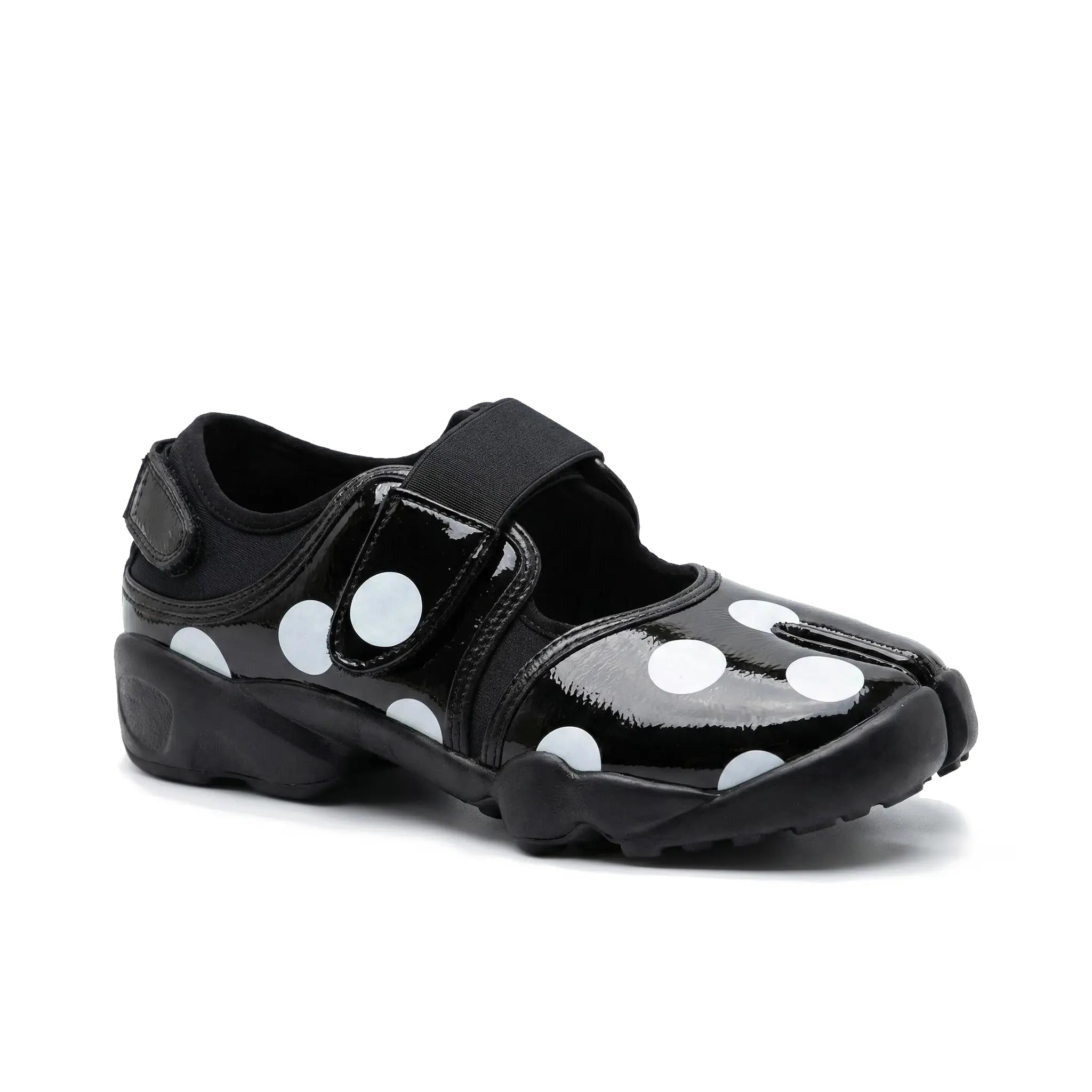 ZQW Dotty Split 2.0 black polka dot sneakers, side view – chunky dots on black base, hook & loop adjustable strap, cushioned sneaker sole, split-toe design