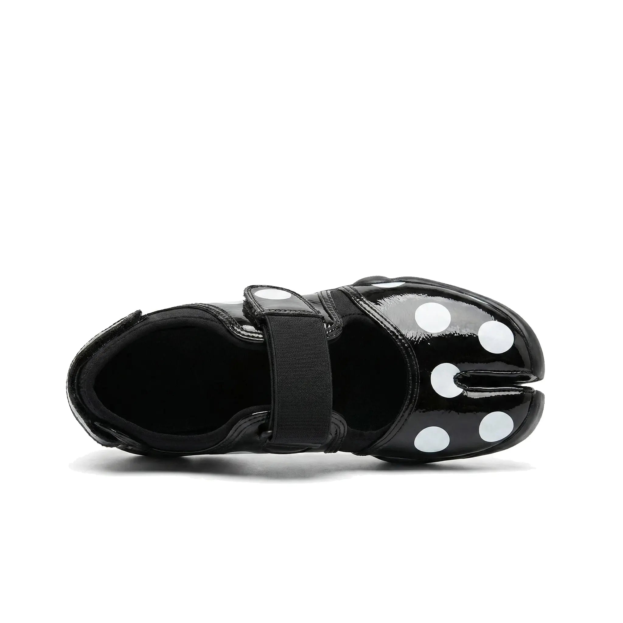 ZQW Dotty Split 2.0 Tabi Mary Jane Sneakers black big dot, top view – bold polka dot pattern on black upper, round split-toe silhouette, hook & loop Mary Jane strap, wide-foot friendly