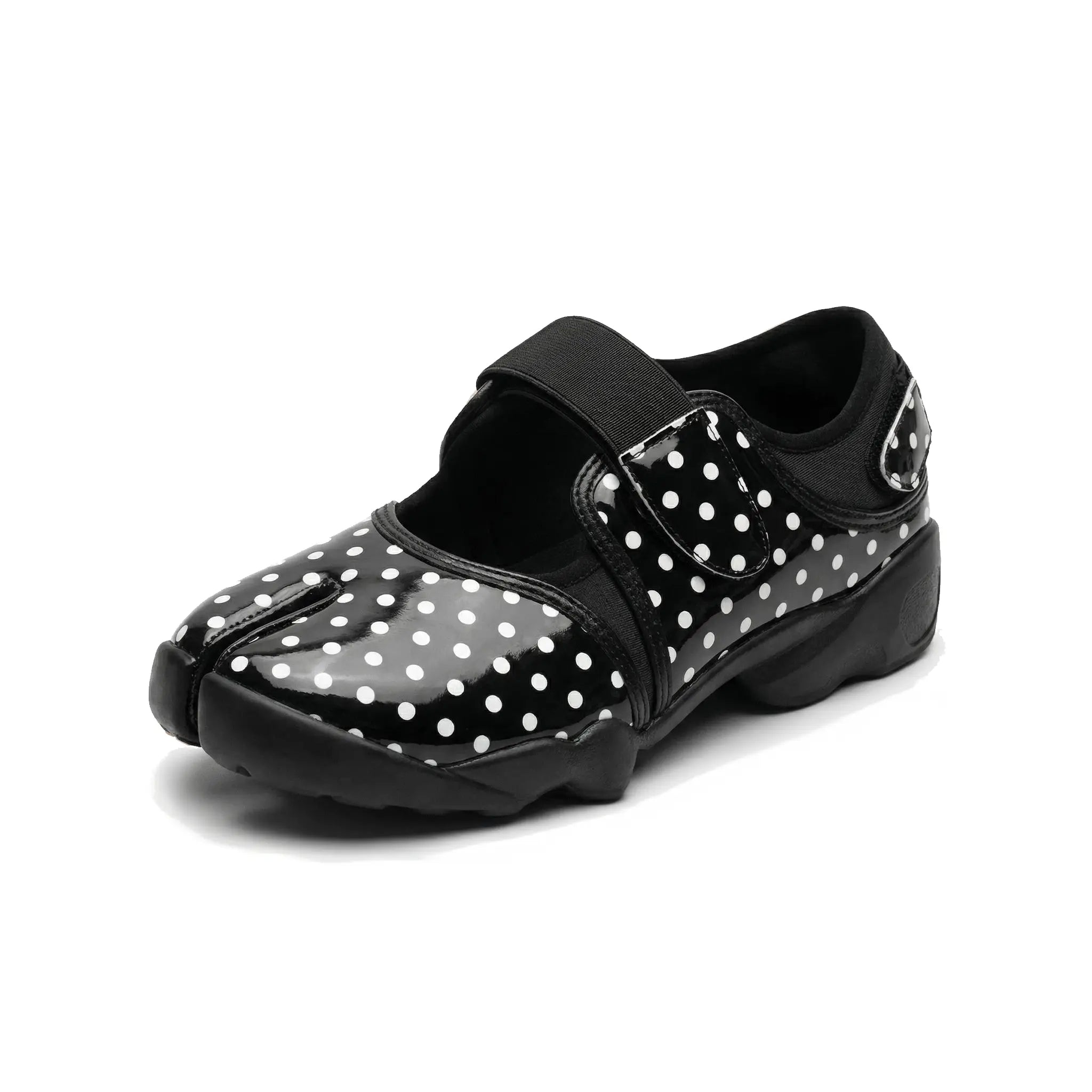 ZQW Dotty Split 2.0 Tabi Mary Jane Sneakers in black with delicate polka dots, 45-degree angle view – subtle white small dots on black base, split-toe design, hook & loop closure, cushioned sneaker sole