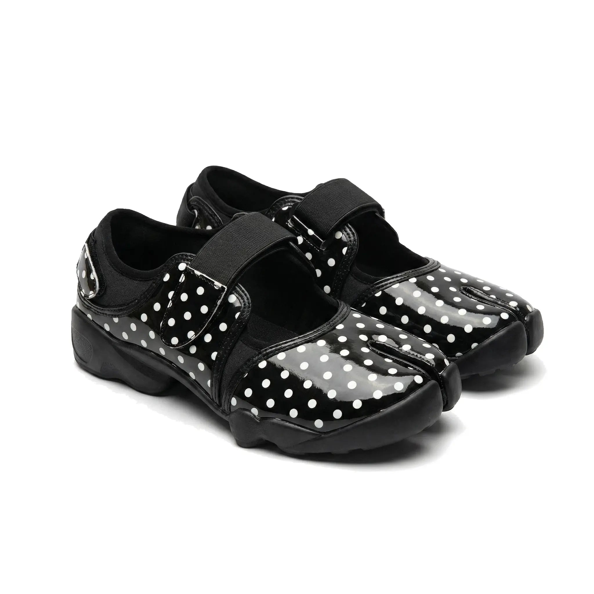 ZQW Dotty Split 2.0 Tabi Mary Jane Sneakers, pair 45-degree view – matching black with delicate polka dots, hook & loop closure, classic Mary Jane tabi silhouette, perfect for subtle playful style