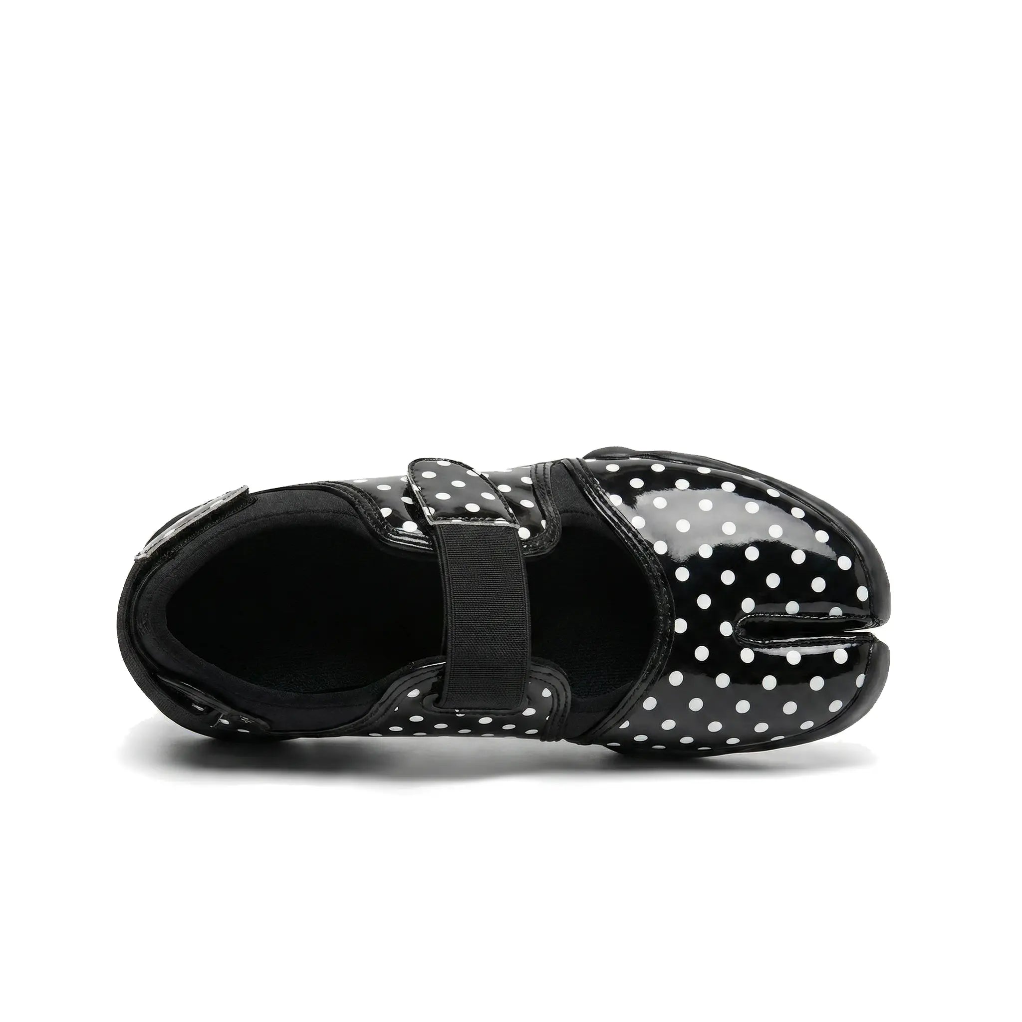 ZQW Dotty Split 2.0 Tabi Mary Jane Sneakers black small dot, top view – delicate polka dot pattern across black upper, round split-toe silhouette, hook & loop Mary Jane strap, wide-foot friendly