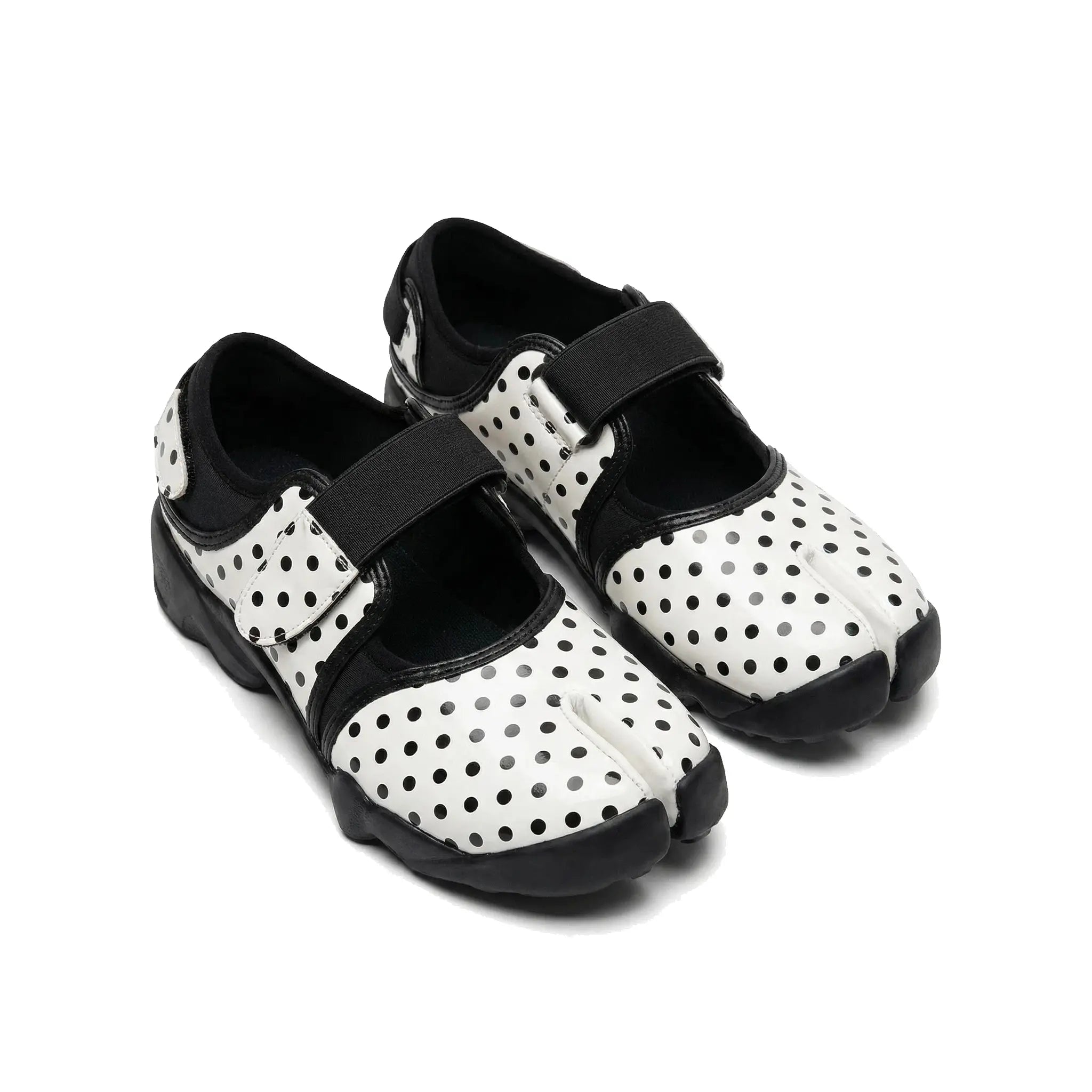 ZQW Dotty Split 2.0 Tabi Mary Jane Sneakers, pair 45-degree view – matching white with delicate polka dots, hook & loop closure, classic Mary Jane tabi silhouette, perfect for subtle playful style