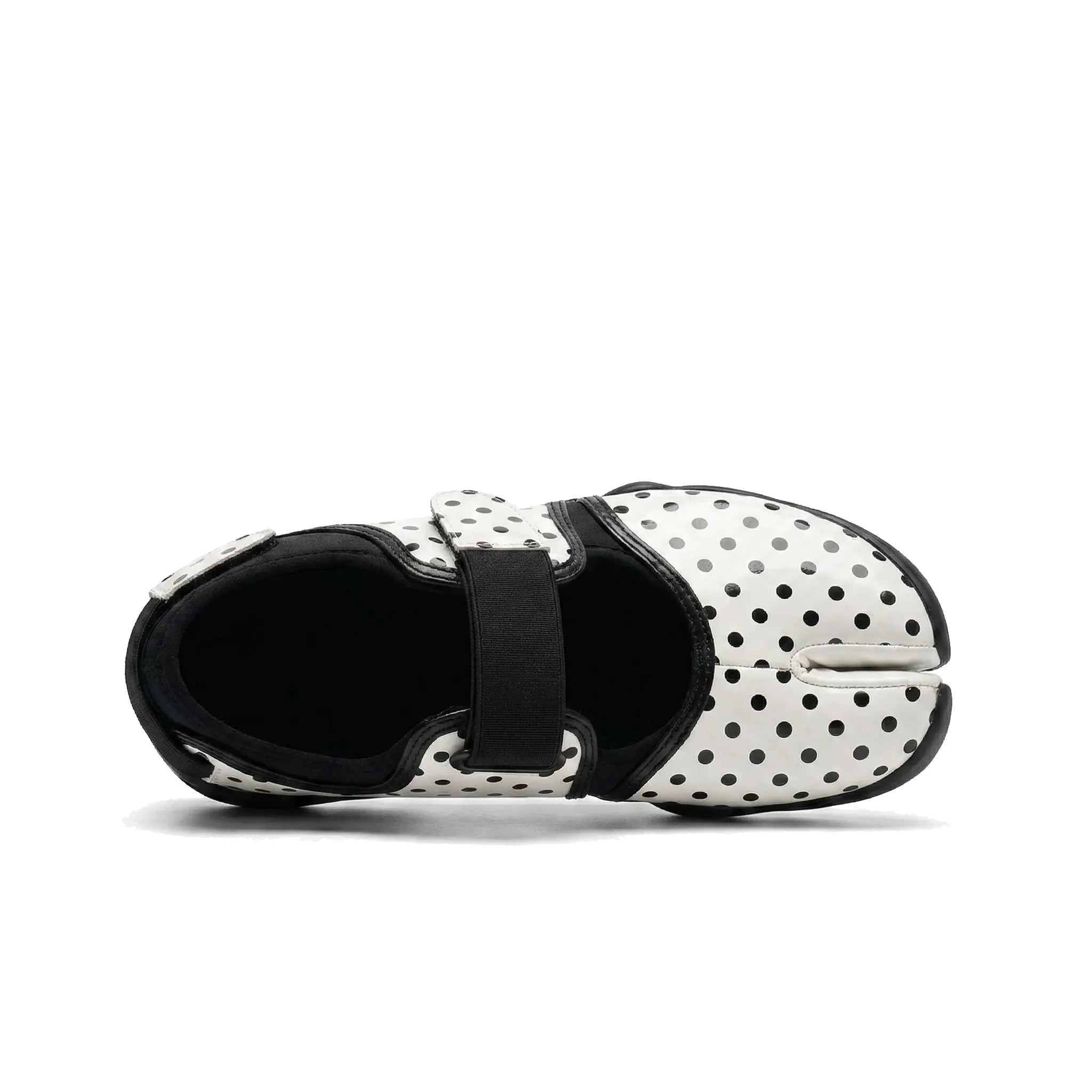 ZQW Dotty Split 2.0 Tabi Mary Jane Sneakers white small dot, top view – delicate polka dot pattern across white upper, round split-toe silhouette, hook & loop Mary Jane strap, wide-foot friendly
