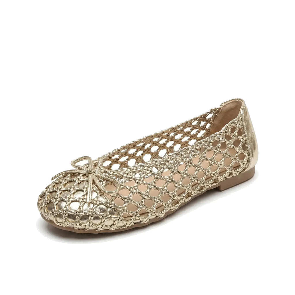 ZQW Handwoven Gold Ballet Flats, 45-degree angle view – artisanal woven texture, round toe, slip-on ballet flat, cushioned insole, metallic gold finish