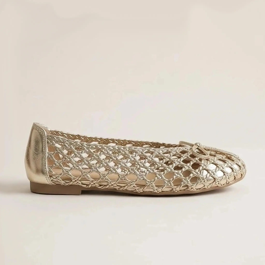 ZQW Handwoven Gold Ballet Flats, side view – low 0.7cm heel, anti-slip rubber outsole, handcrafted woven gold upper, slip-on style