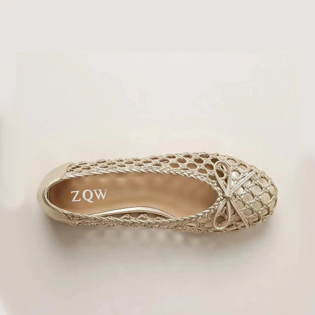 ZQW Handwoven Gold Ballet Flats, top view – intricate woven pattern across upper, round toe silhouette, soft breathable fabric, wide-foot friendly