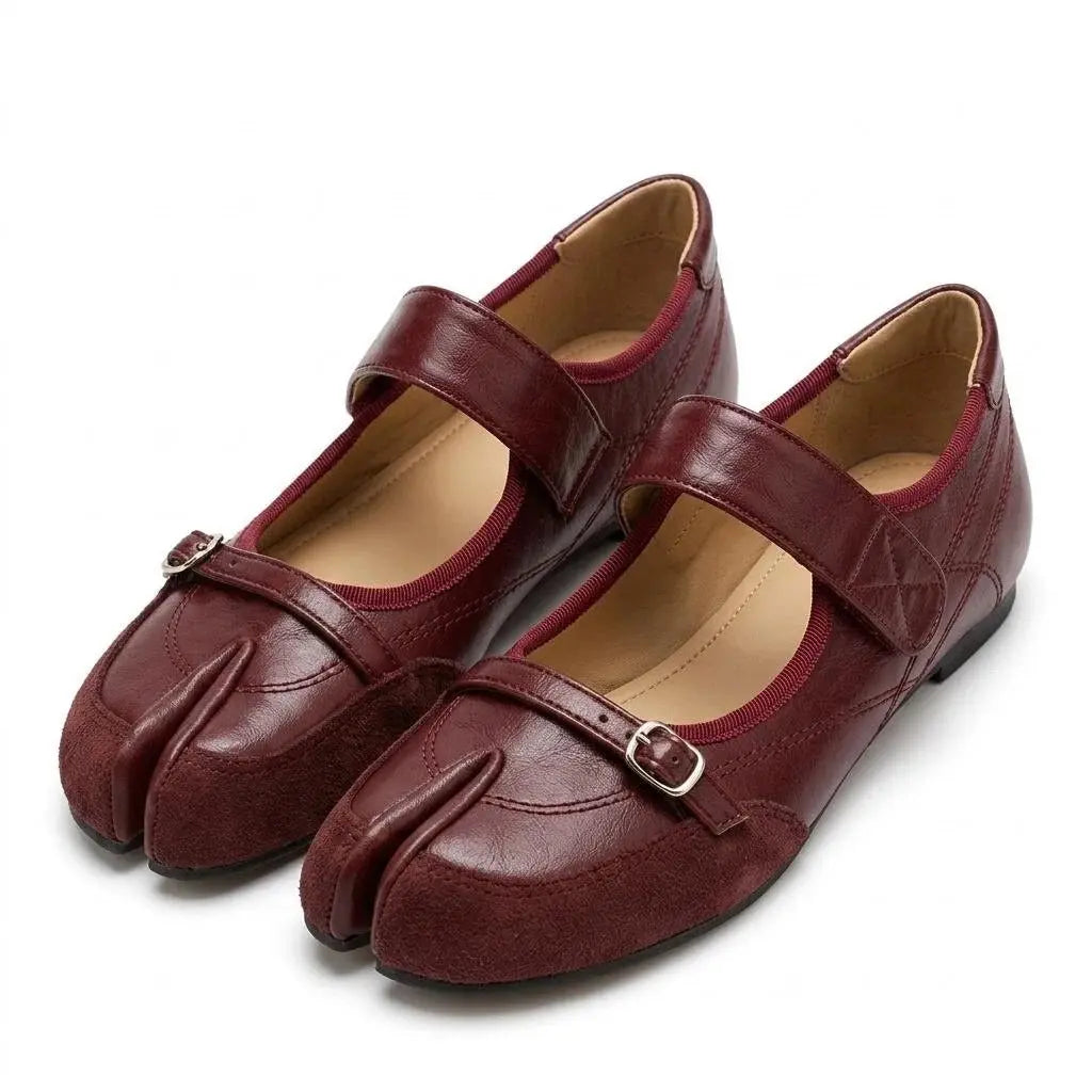 ZQW Hook & Loop Tabi Mary Janes in burgundy, pair 45-degree view – matching burgundy mixed media Mary Jane flats, split-toe design, perfect for daily wear or office