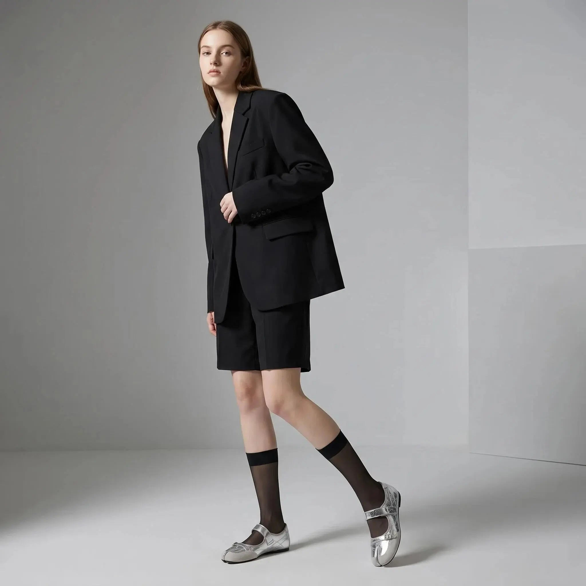 ZQW Hook & Loop Tabi Mary Janes in silver, model wearing – stylish metallic mixed material Mary Jane tabi flats, vegan leather and suede combo, comfortable for work or casual outings