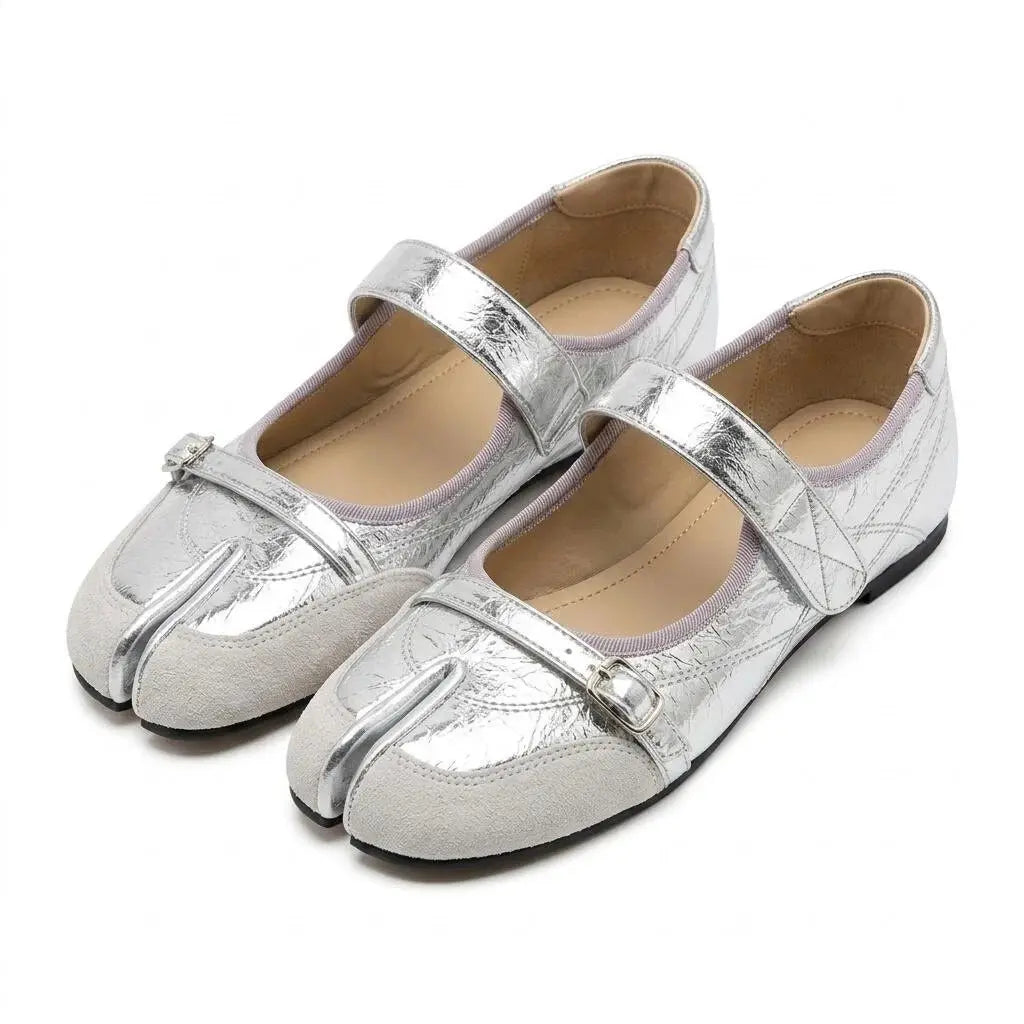 ZQW Hook & Loop Tabi Mary Janes in silver, pair 45-degree view – matching metallic mixed media Mary Jane flats, split-toe design, perfect for daily wear or office