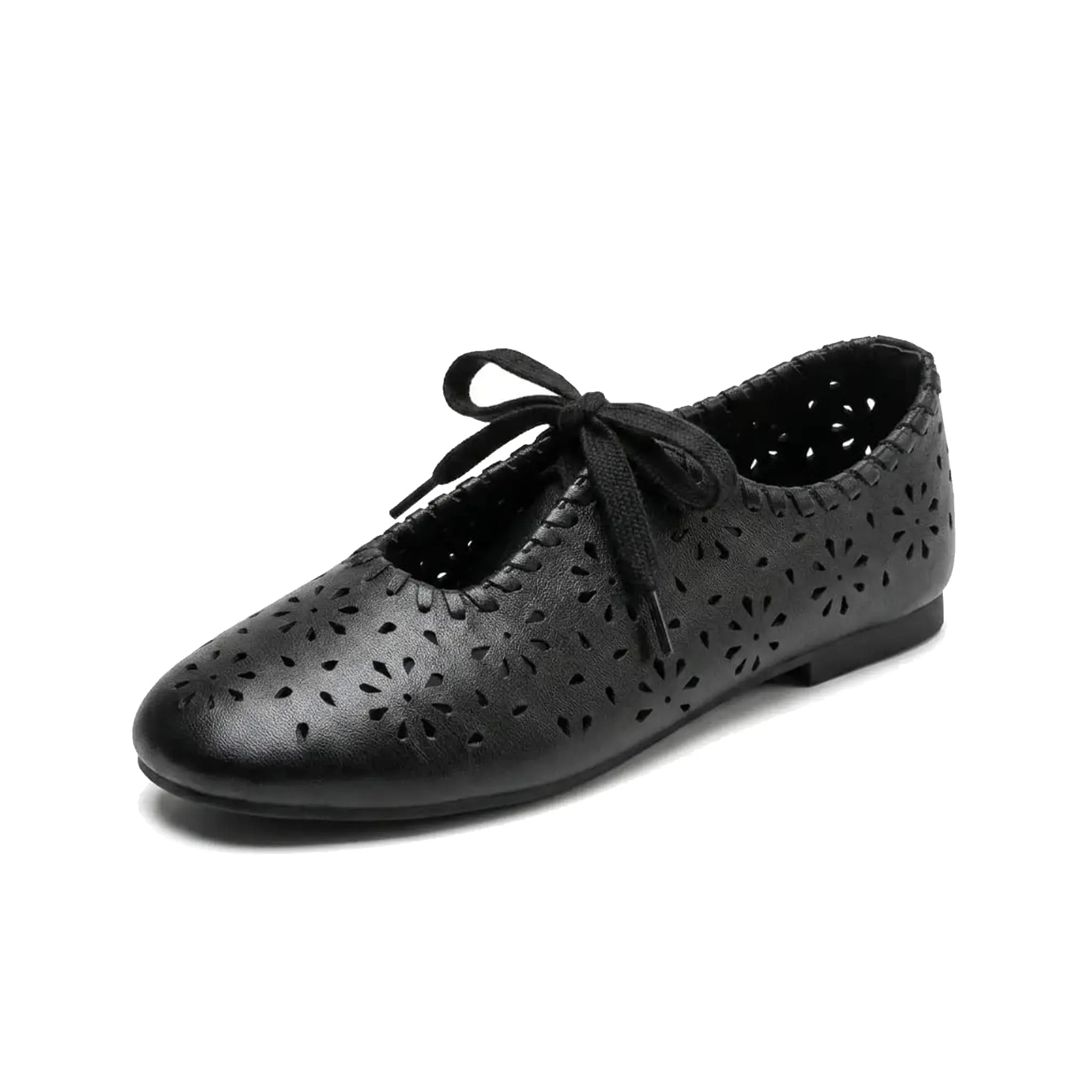 ZQW Lace-Up Cutout Floral Mary Janes in black, 45-degree angle view – laser-cut flower pattern, lace-up front closure, round toe, breathable ballet flat
