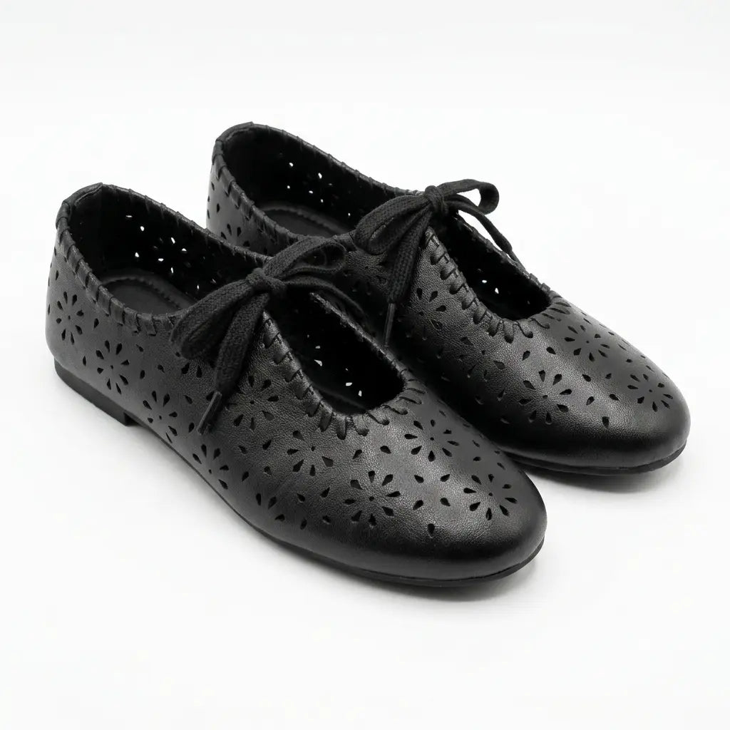 ZQW Lace-Up Cutout Floral Mary Janes in black, pair 45-degree view – matching floral cutout lace-up flats, round toe, perfect for daily wear or office
