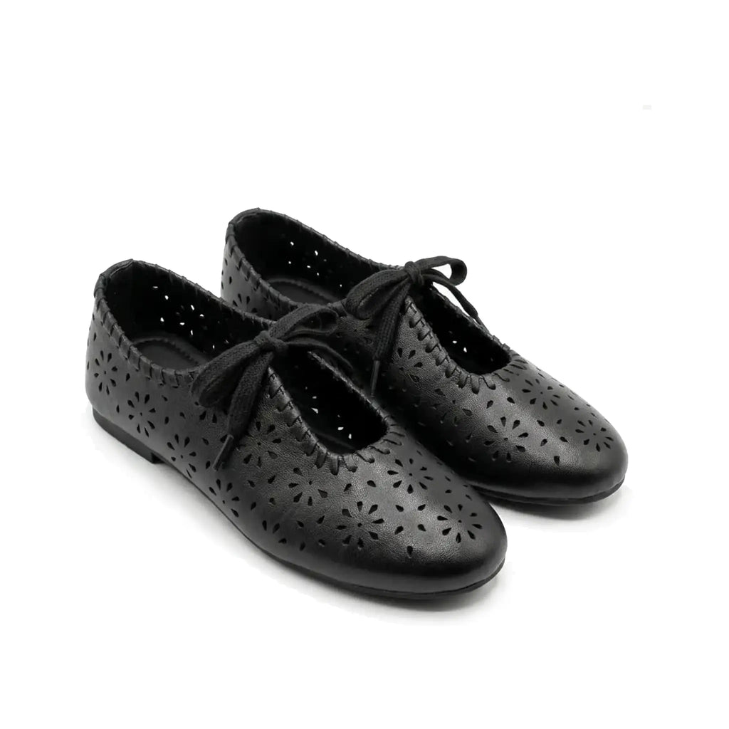 ZQW Lace-Up Cutout Floral Mary Janes in black, pair 45-degree view – matching floral cutout lace-up flats, round toe, perfect for daily wear or office