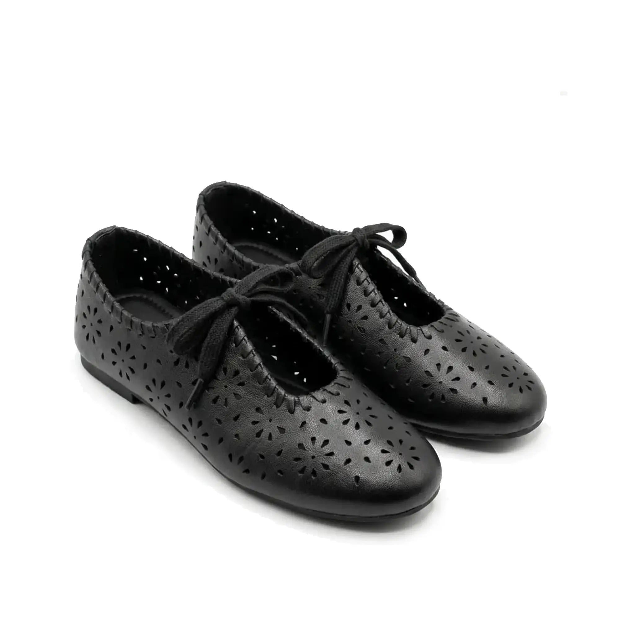 ZQW Lace-Up Cutout Floral Mary Janes in black, pair 45-degree view – matching floral cutout lace-up flats, round toe, perfect for daily wear or office