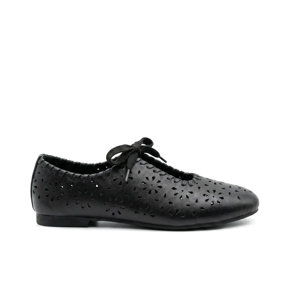 ZQW Lace-Up Cutout Floral Mary Janes in black, side view – low 0.7cm heel, anti-slip rubber outsole, breathable fabric upper, adjustable lace-up style