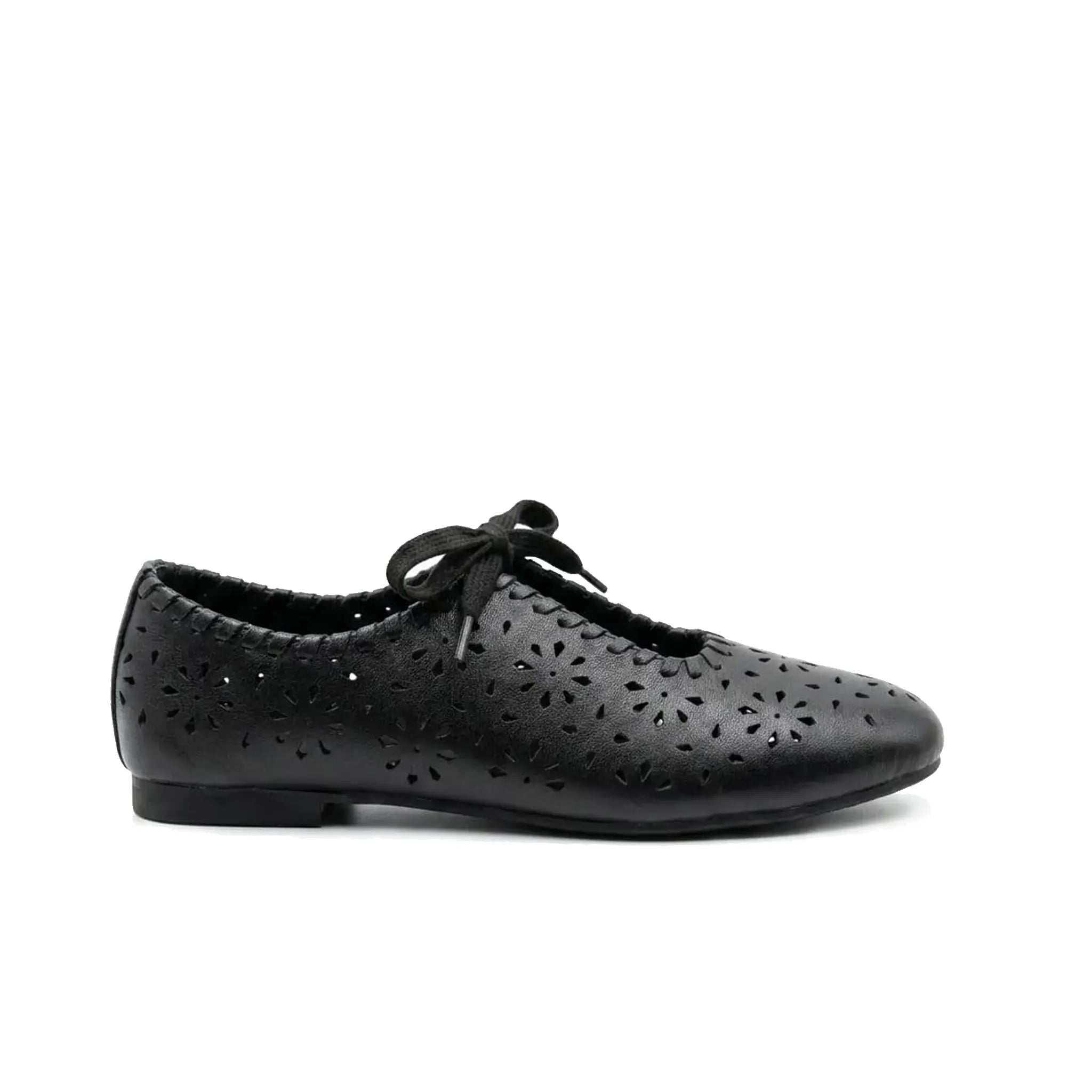 ZQW Lace-Up Cutout Floral Mary Janes in black, side view – low 0.7cm heel, anti-slip rubber outsole, breathable fabric upper, adjustable lace-up style