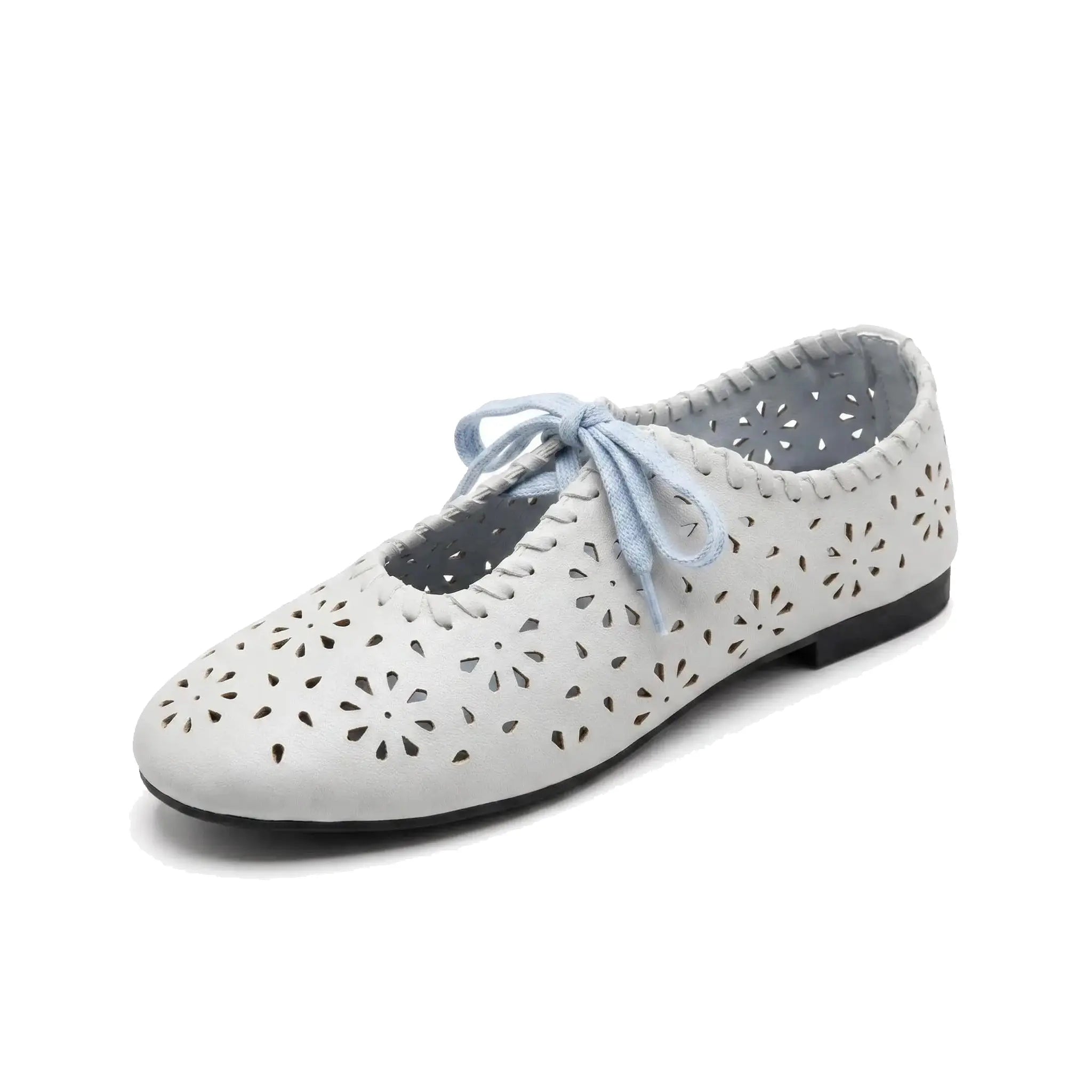 ZQW Lace-Up Cutout Floral Mary Janes in blue, 45-degree angle view – laser-cut flower pattern, lace-up front closure, round toe, breathable ballet flat
